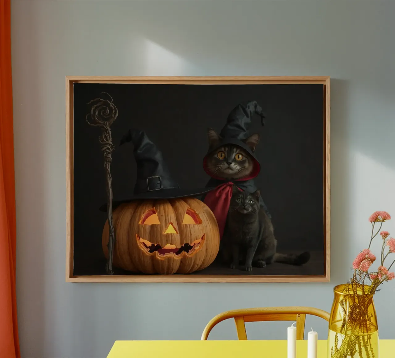 Cats in wizard hats pose beside a carved pumpkin canvas by DesignDoodle