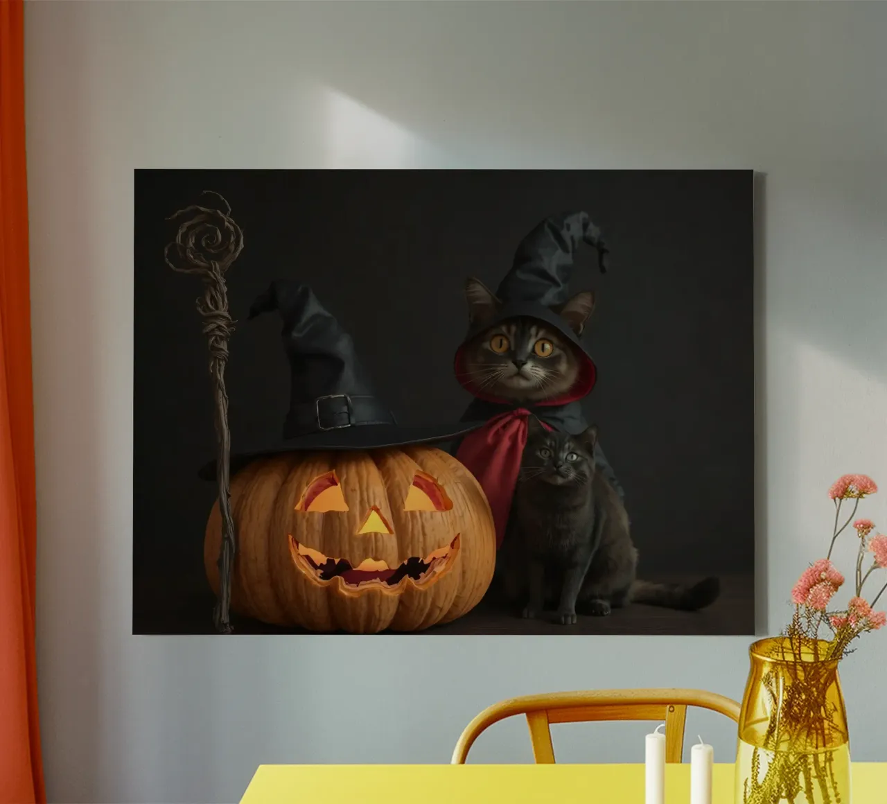 Cats in wizard hats pose beside a carved pumpkin canvas by DesignDoodle