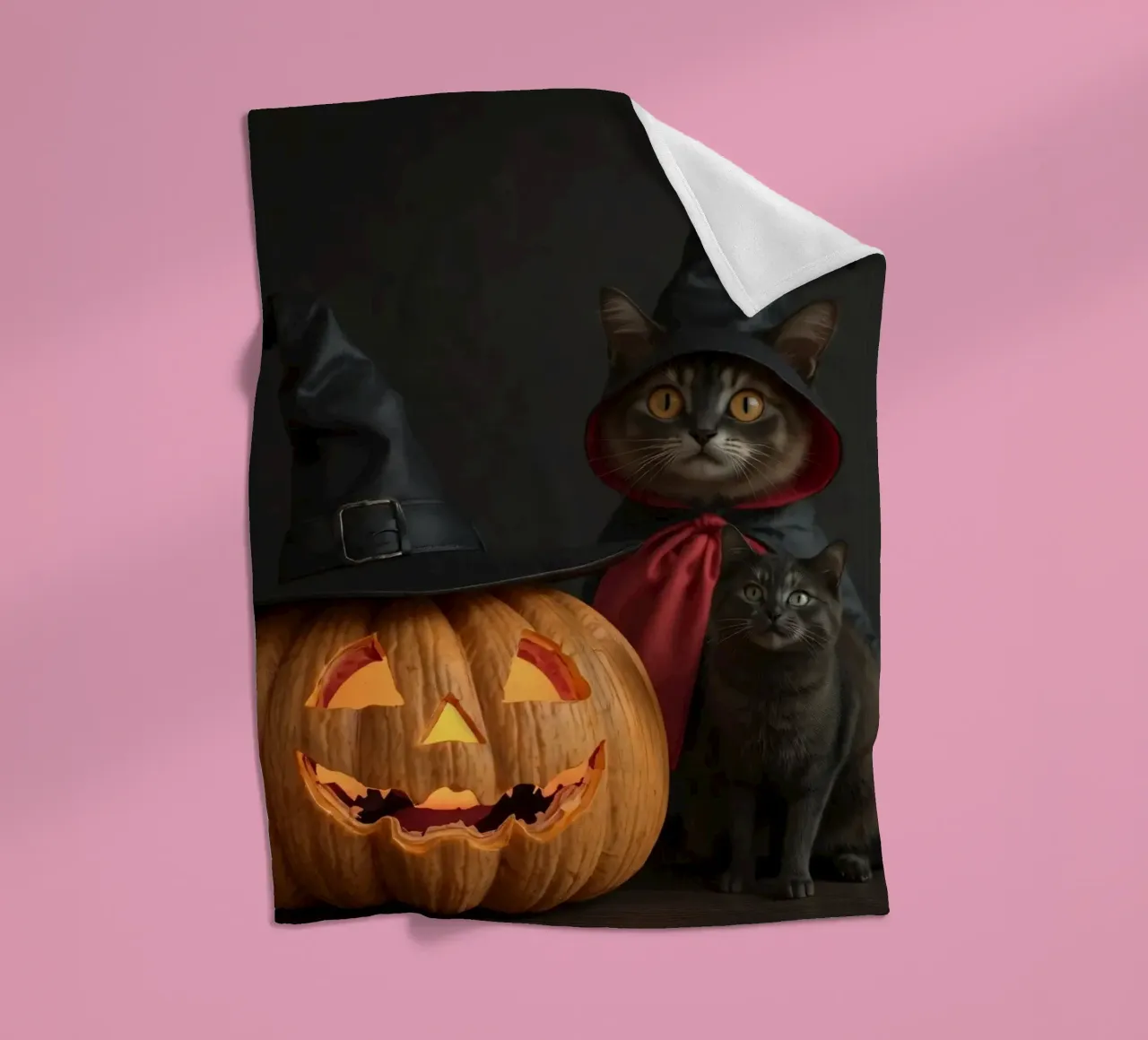 Gatti con cappelli da mago posano accanto a una zucca intagliata coperta in pile da DesignDoodle