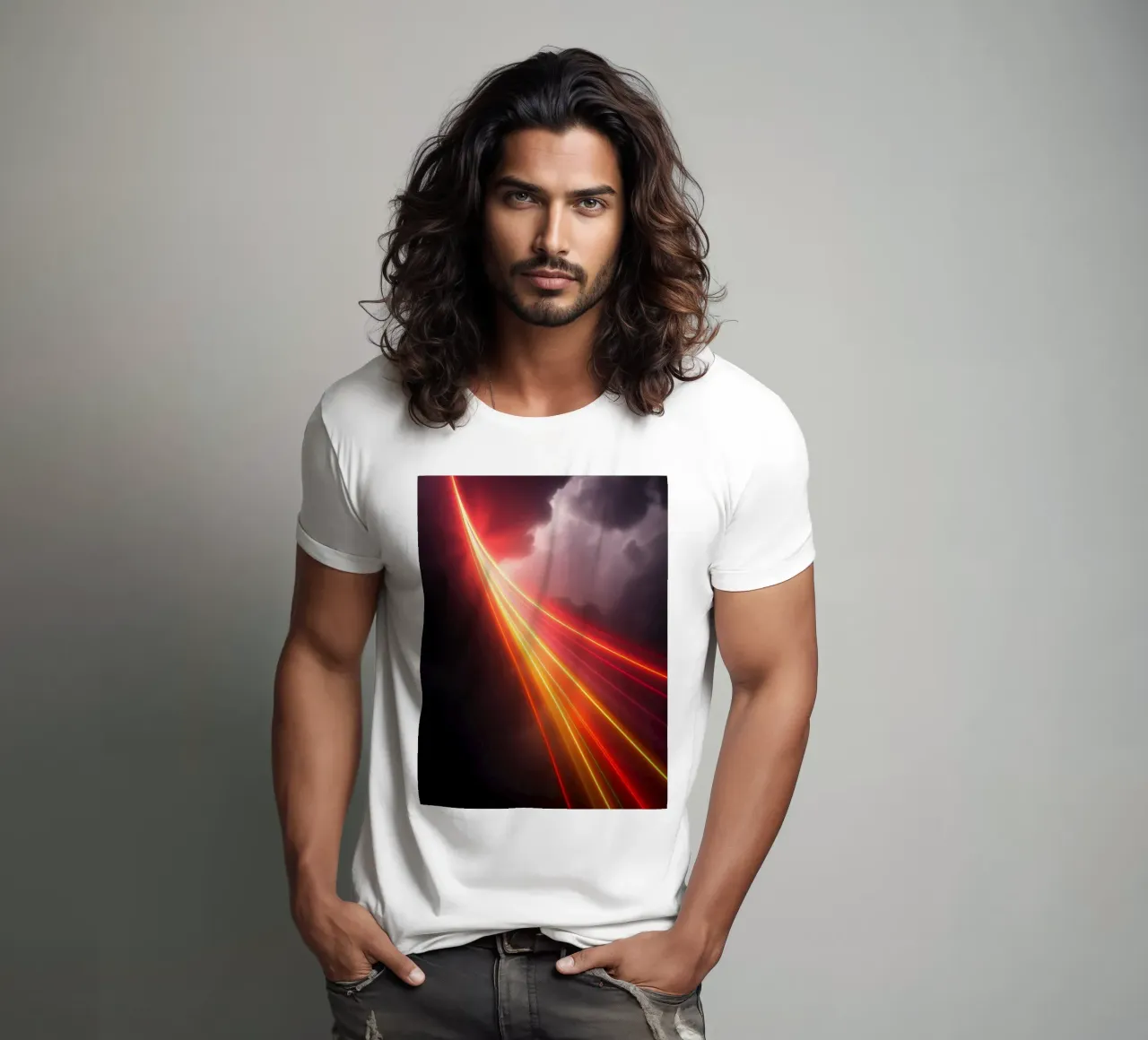 astratto con scie di luce dinamiche su un cielo scuro e tempestoso t-shirt da DesignDoodle