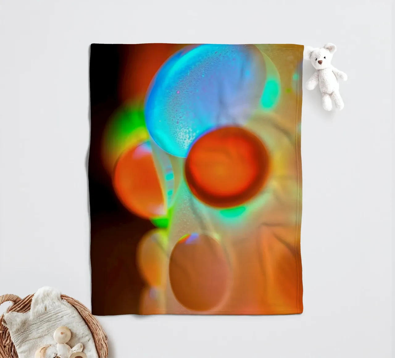 Colorful abstract design with illuminated bubbles fleece blanket by DesignDoodle