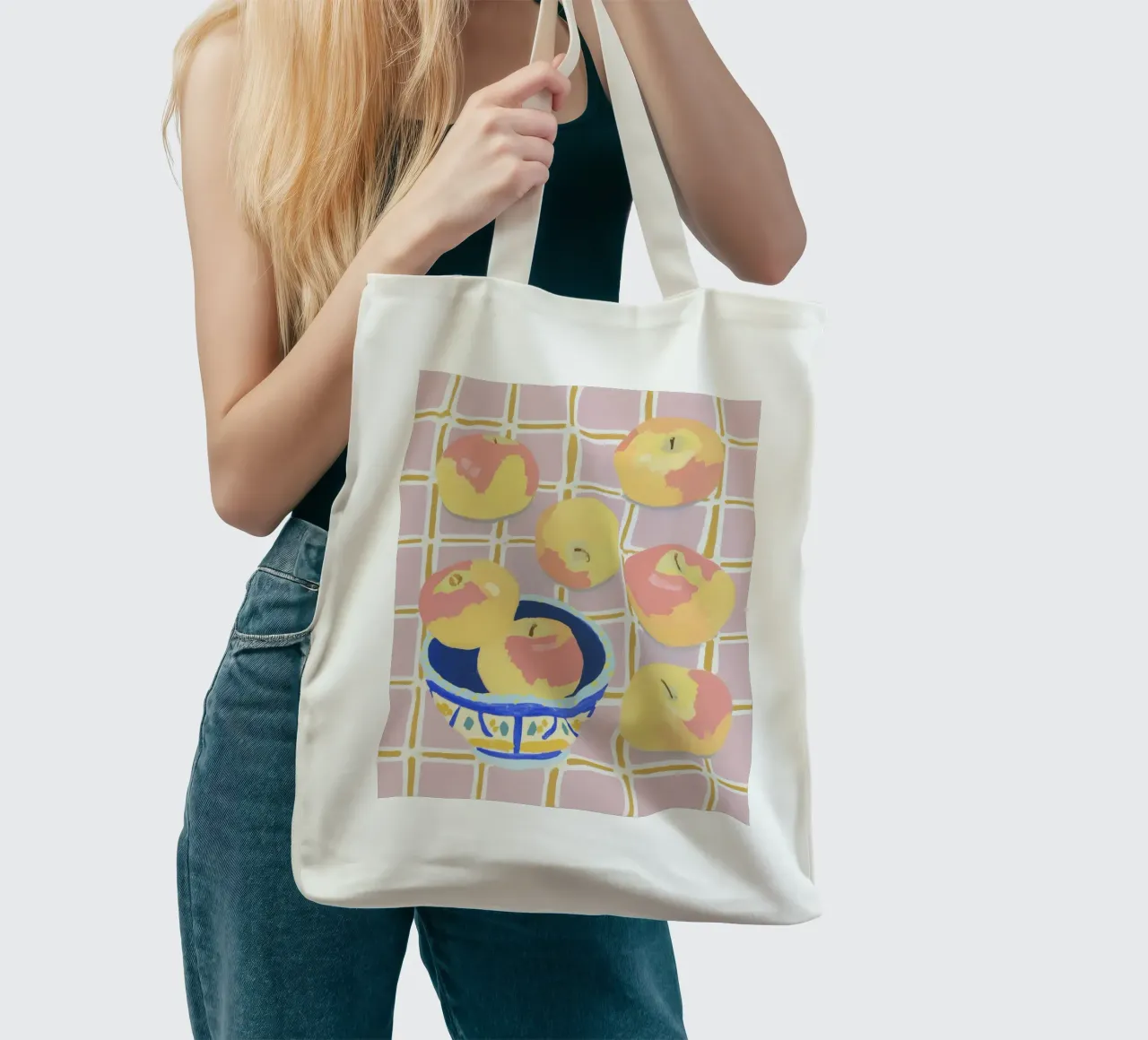 Check pattern with apples tote bag by Carinaprint