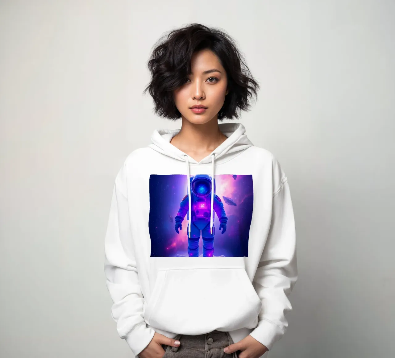 Un astronauta explora el colorido telón de fondo de una galaxia sudadera con capucha de DesignDoodle