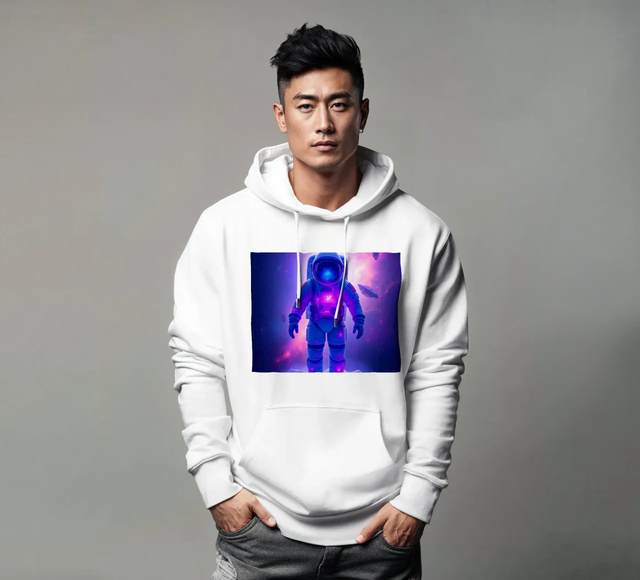 Un astronauta explora el colorido telón de fondo de una galaxia sudadera con capucha de DesignDoodle