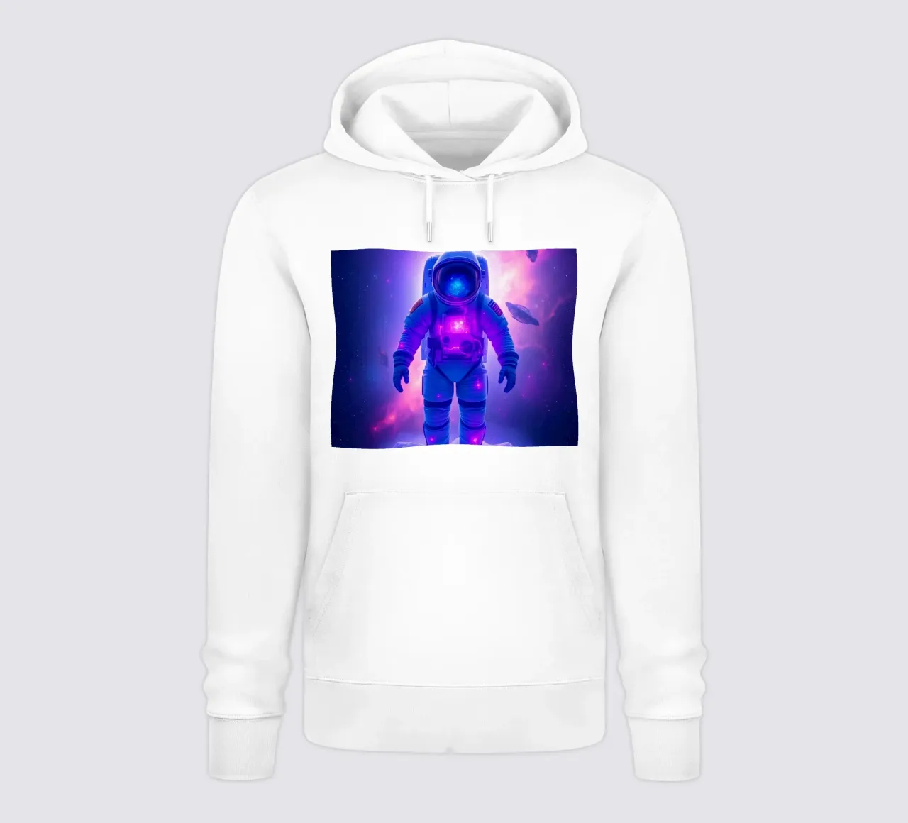 Un astronauta explora el colorido telón de fondo de una galaxia sudadera con capucha de DesignDoodle