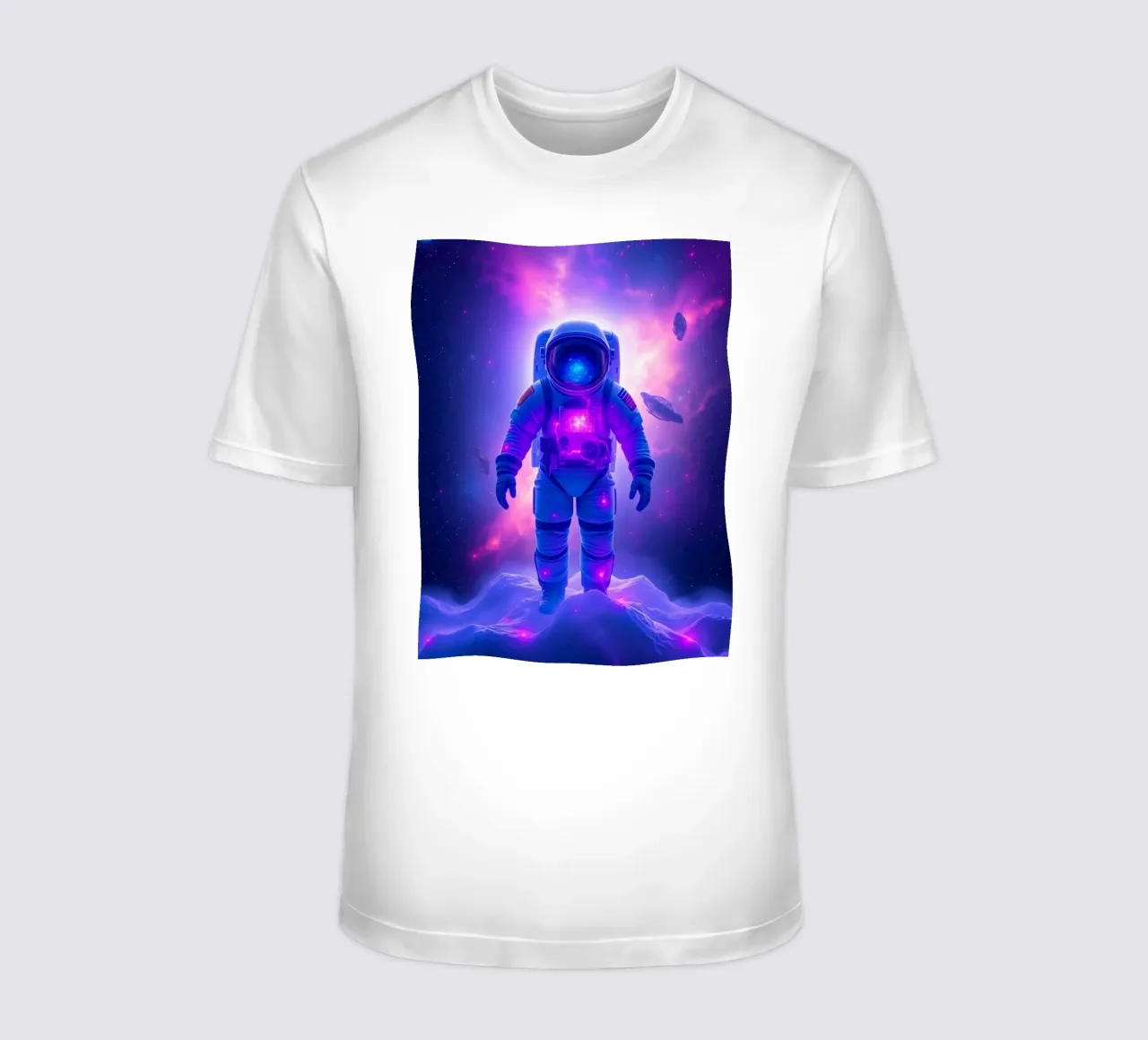 Astronaut explores colorful galaxy backdrop t-shirt by DesignDoodle