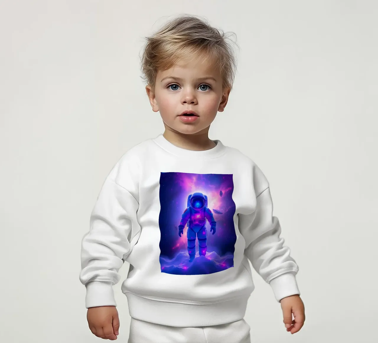 Un astronauta explora el colorido telón de fondo de una galaxia sudadera de bebé de DesignDoodle