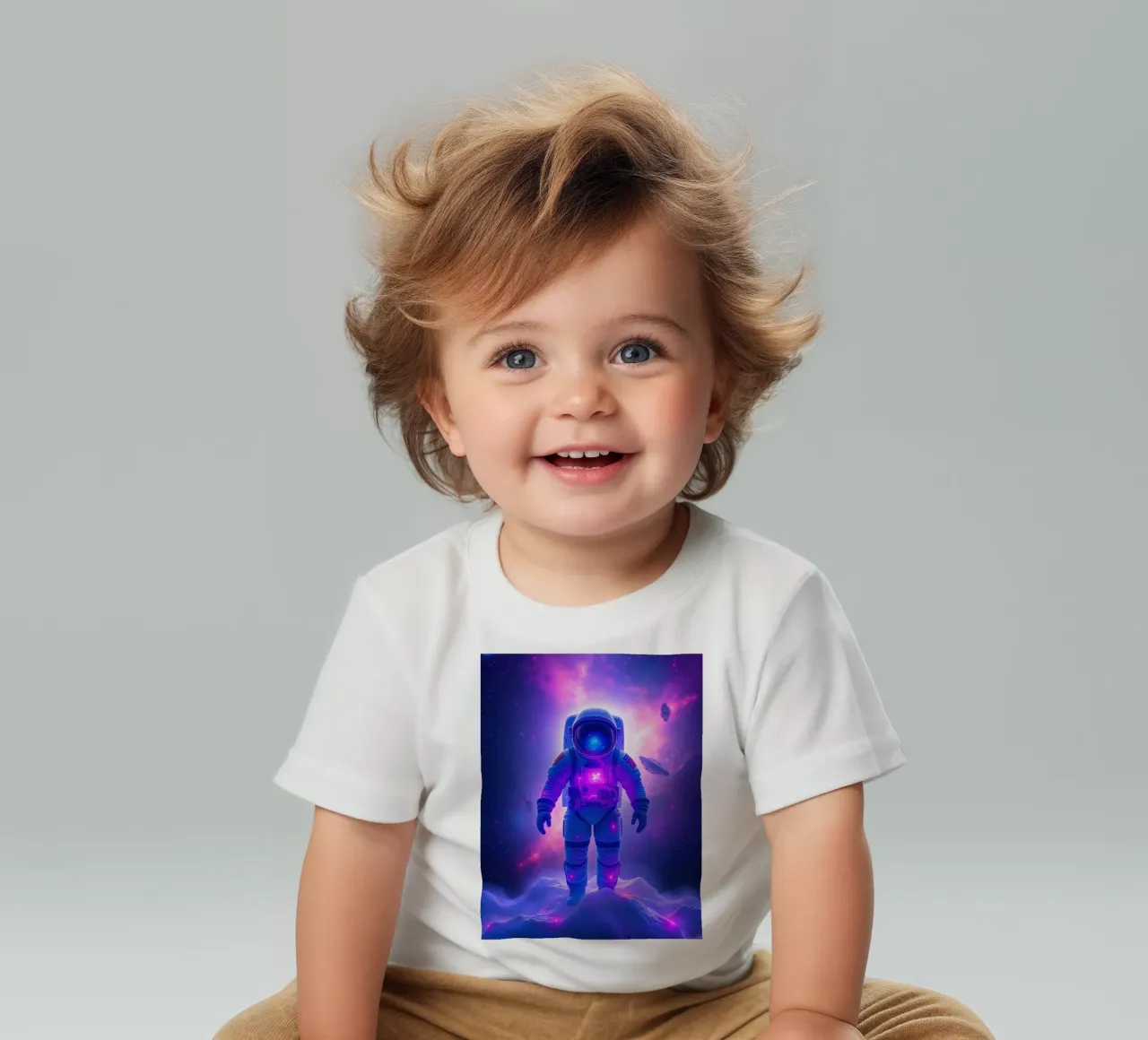 Un astronauta explora el colorido telón de fondo de una galaxia camiseta de bebé de DesignDoodle