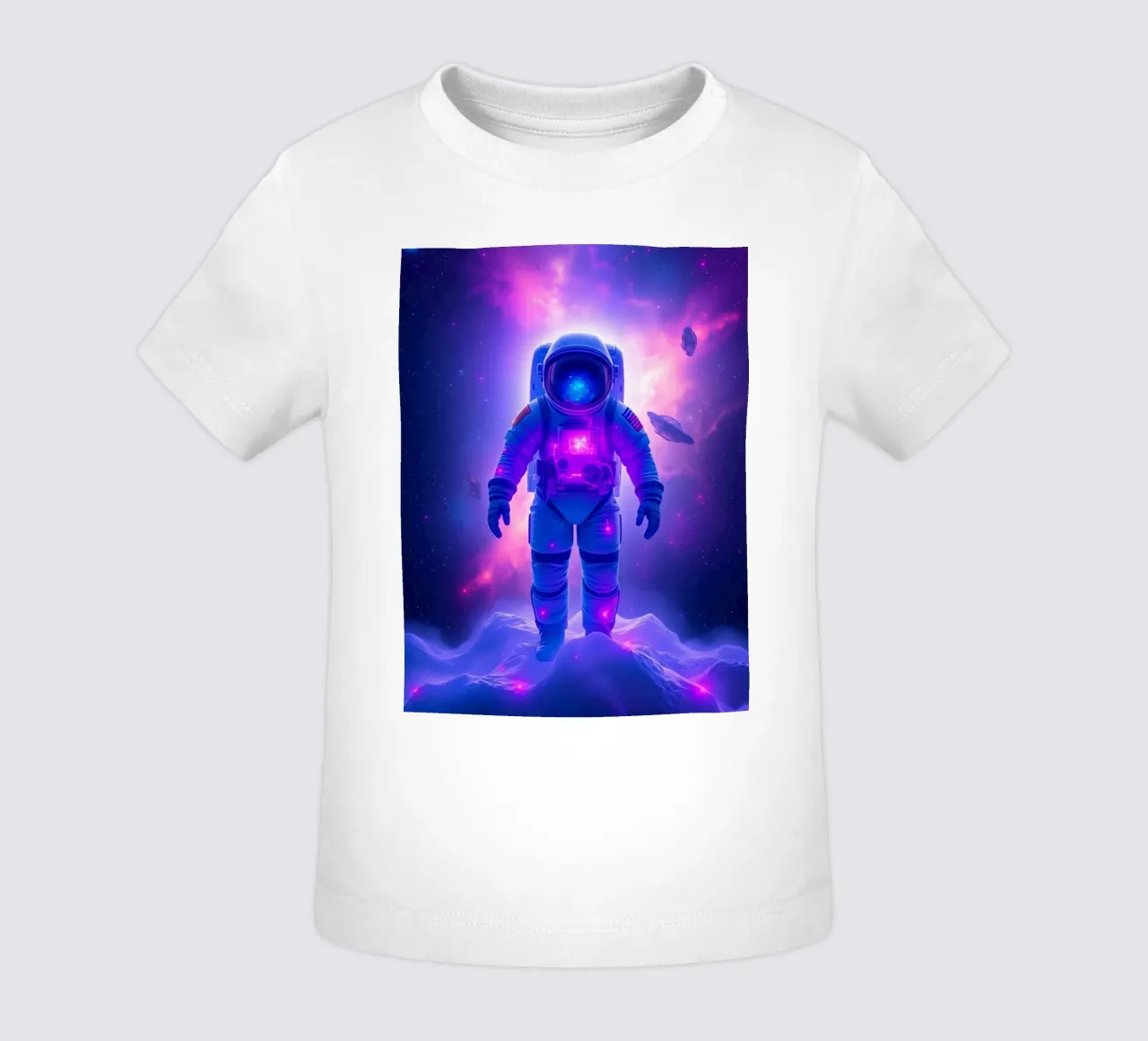Un astronauta explora el colorido telón de fondo de una galaxia camiseta de bebé de DesignDoodle