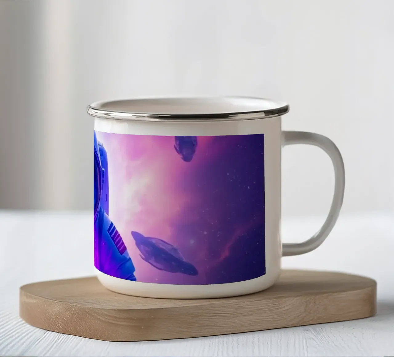 Astronaut explores colorful galaxy backdrop enamel mug by DesignDoodle