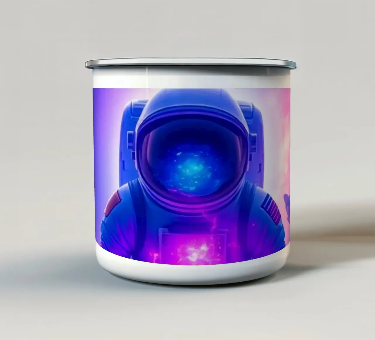 Astronaut explores colorful galaxy backdrop enamel mug by DesignDoodle
