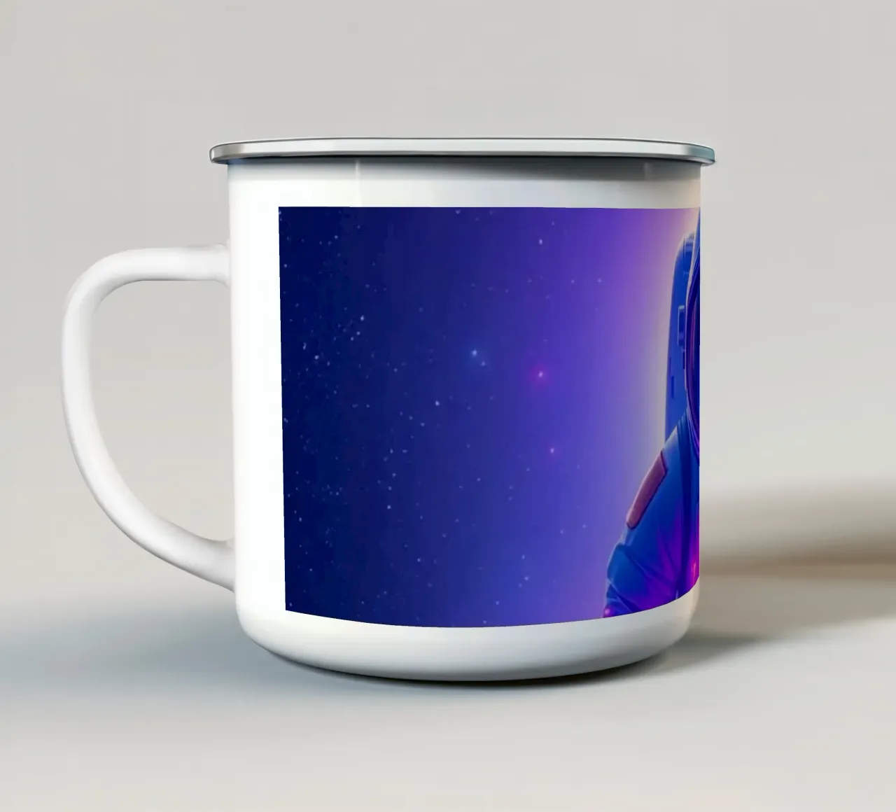 Astronaut explores colorful galaxy backdrop enamel mug by DesignDoodle