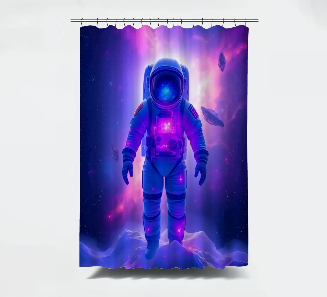 Astronaut explores colorful galaxy backdrop shower curtain by DesignDoodle