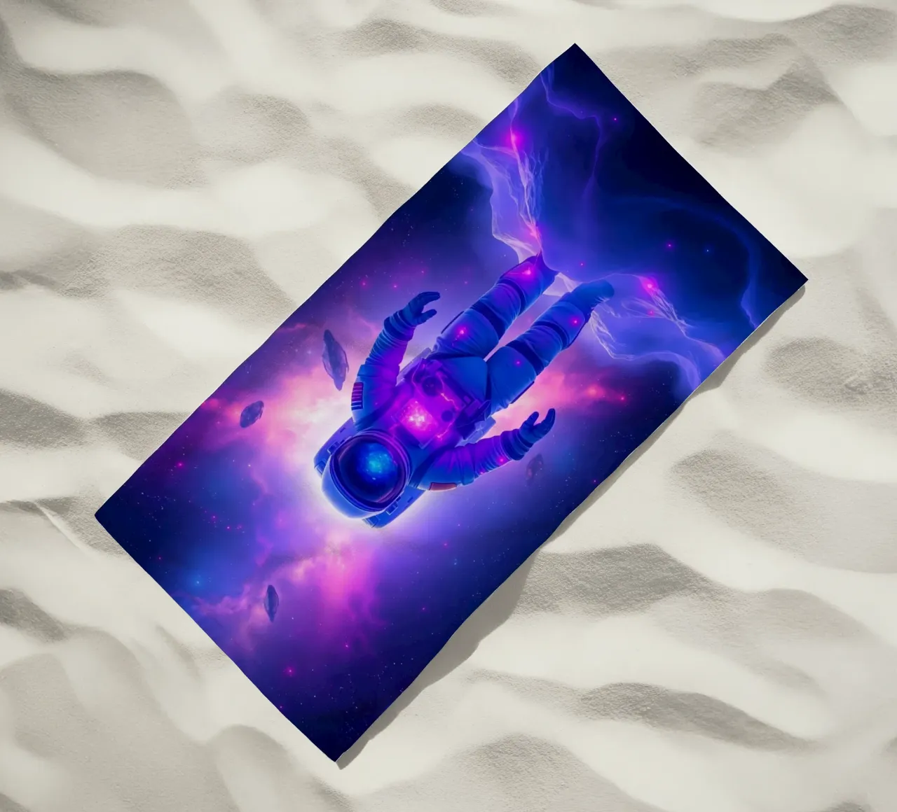 Astronaut explores colorful galaxy backdrop beach towel by DesignDoodle