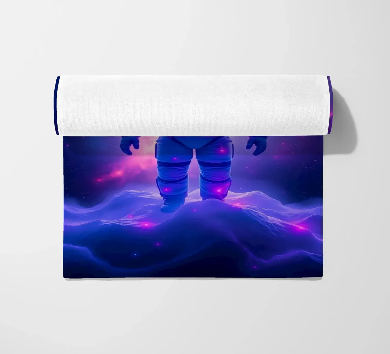 Astronaut explores colorful galaxy backdrop beach towel by DesignDoodle