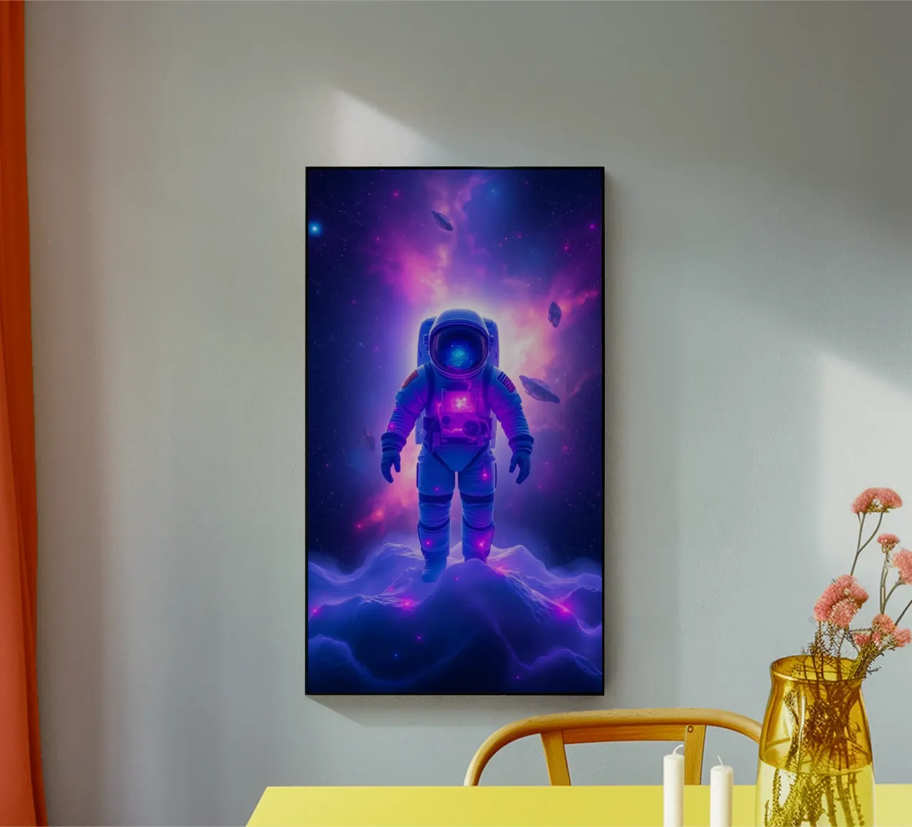 Un astronauta explora el colorido telón de fondo de una galaxia metacrilato de DesignDoodle