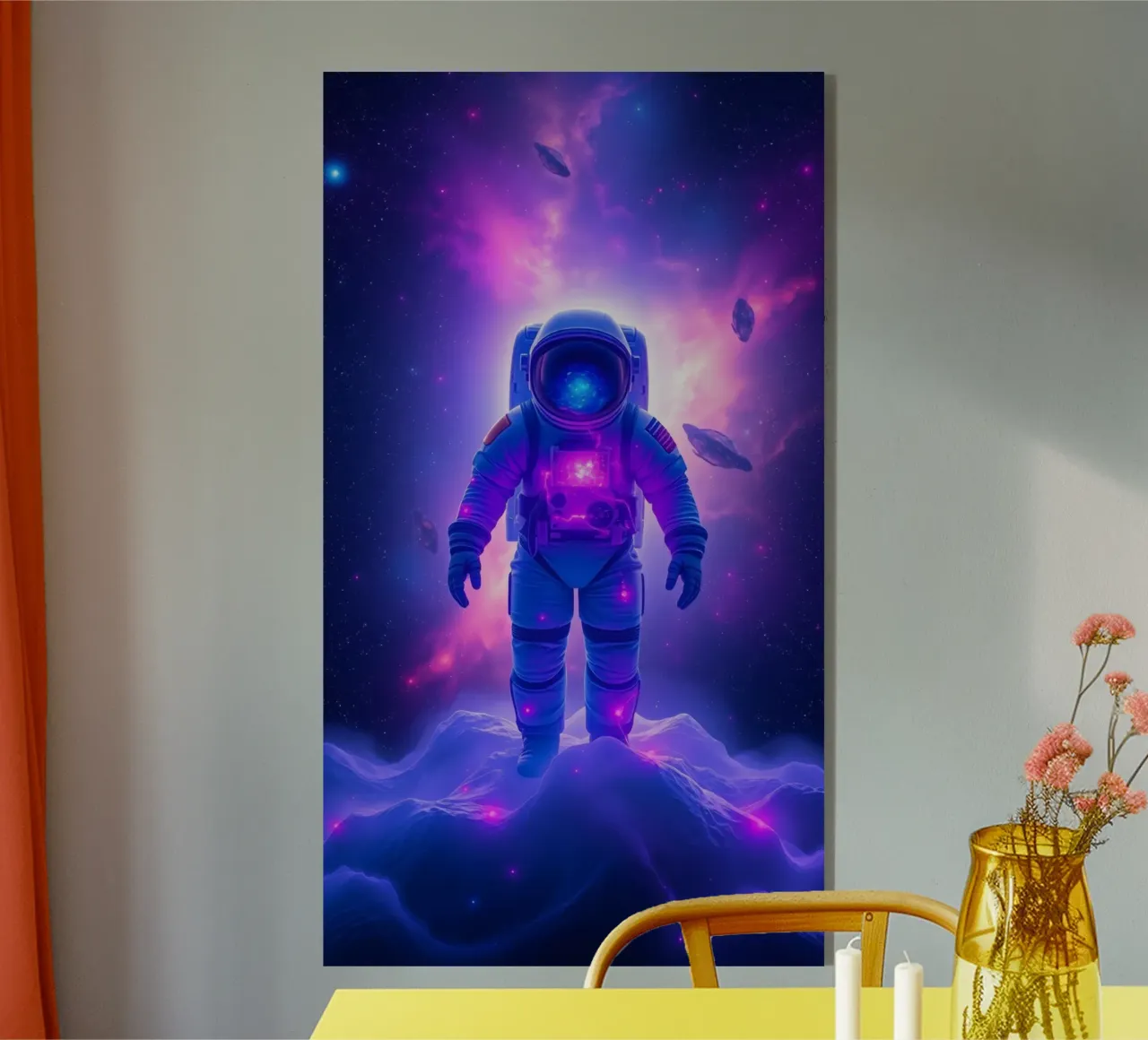 Un astronauta explora el colorido telón de fondo de una galaxia metacrilato de DesignDoodle