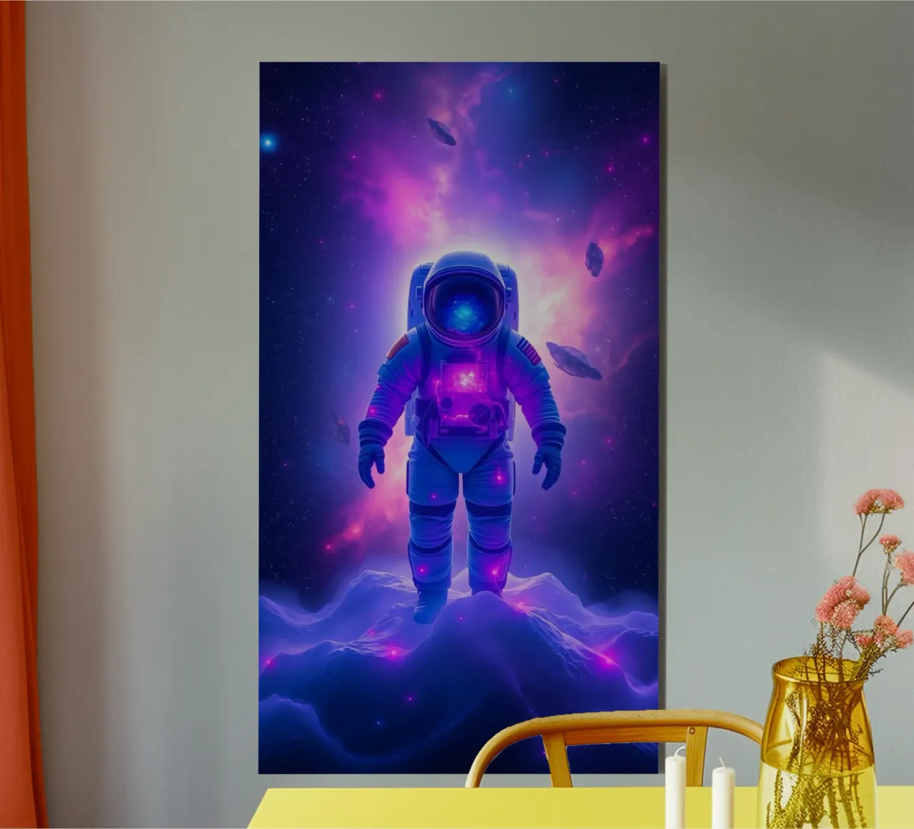 Astronaut explores colorful galaxy backdrop alu-dibond by DesignDoodle