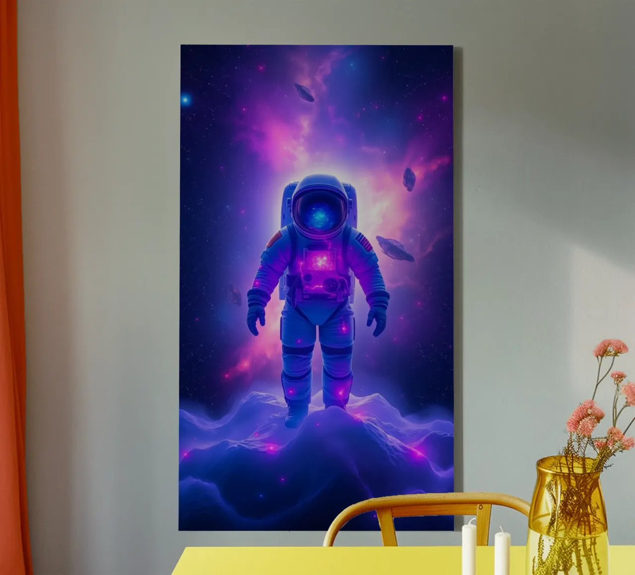 Astronaut explores colorful galaxy backdrop canvas by DesignDoodle