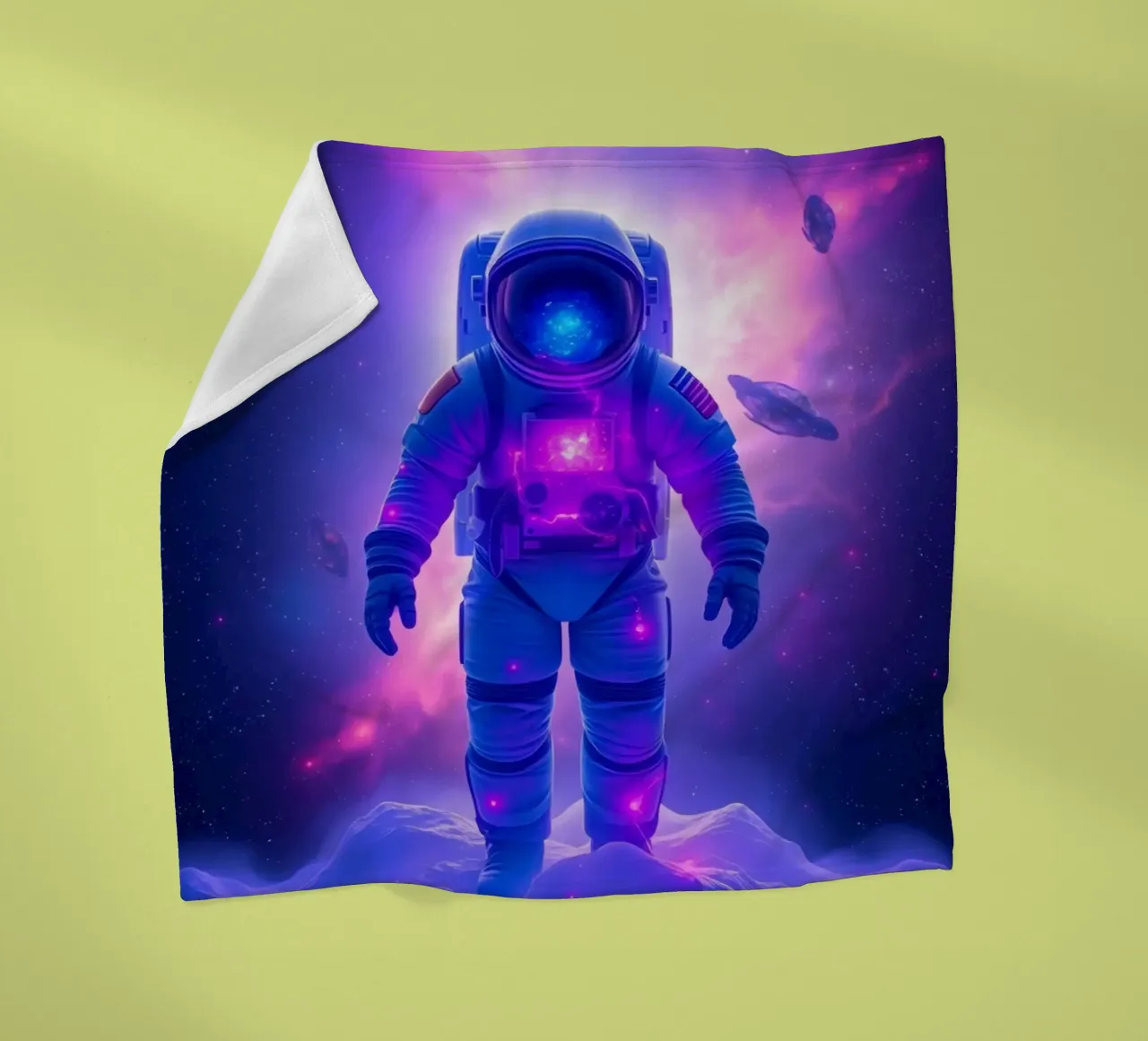 Astronaut explores colorful galaxy backdrop fleece blanket by DesignDoodle