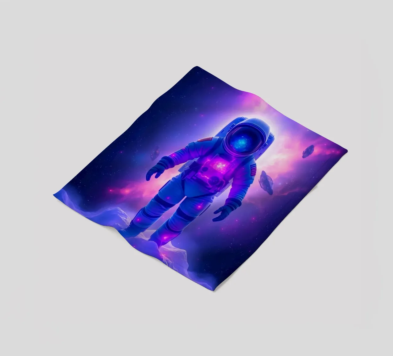 Astronaut explores colorful galaxy backdrop fleece blanket by DesignDoodle