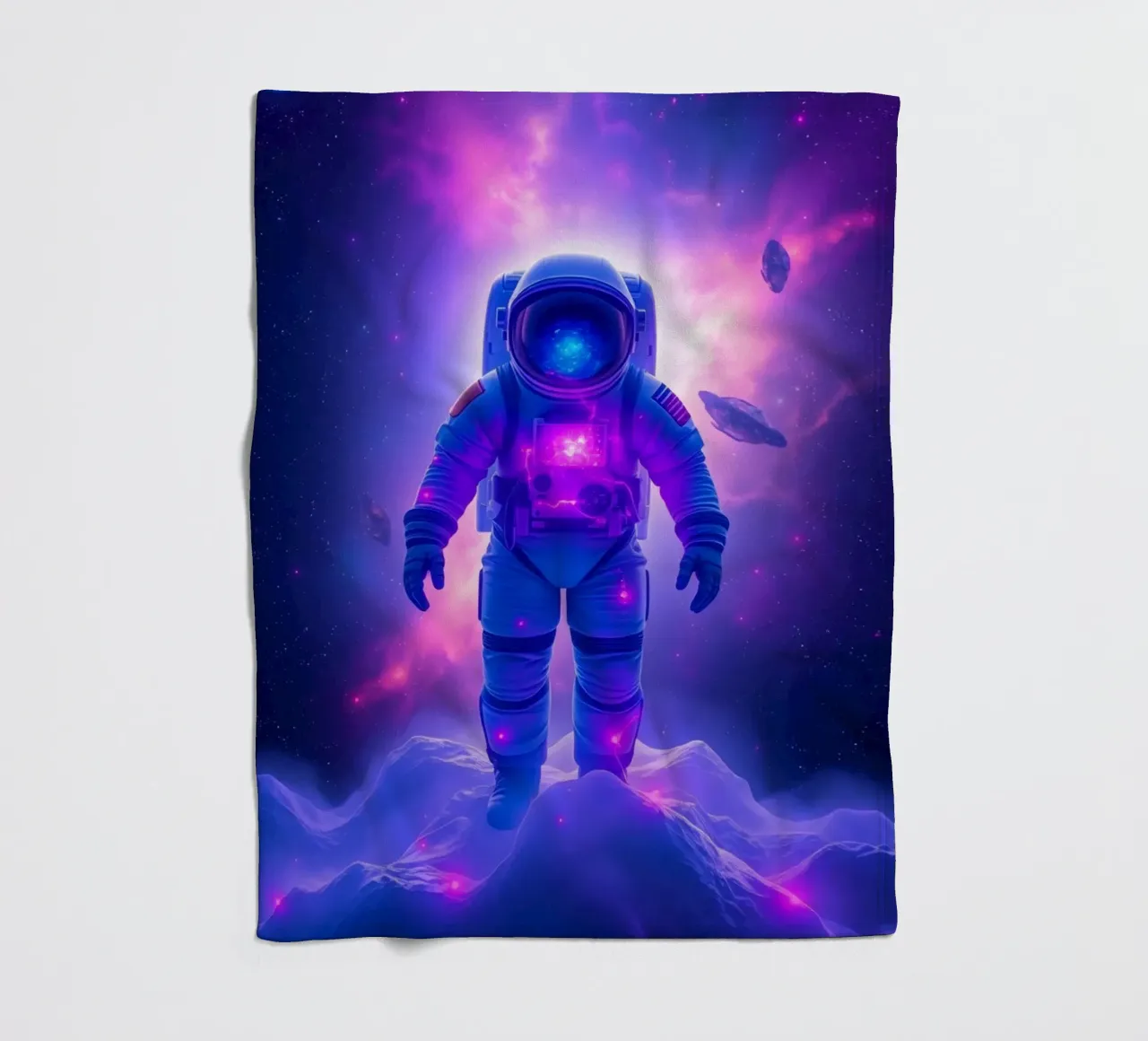 Astronaut explores colorful galaxy backdrop fleece blanket by DesignDoodle