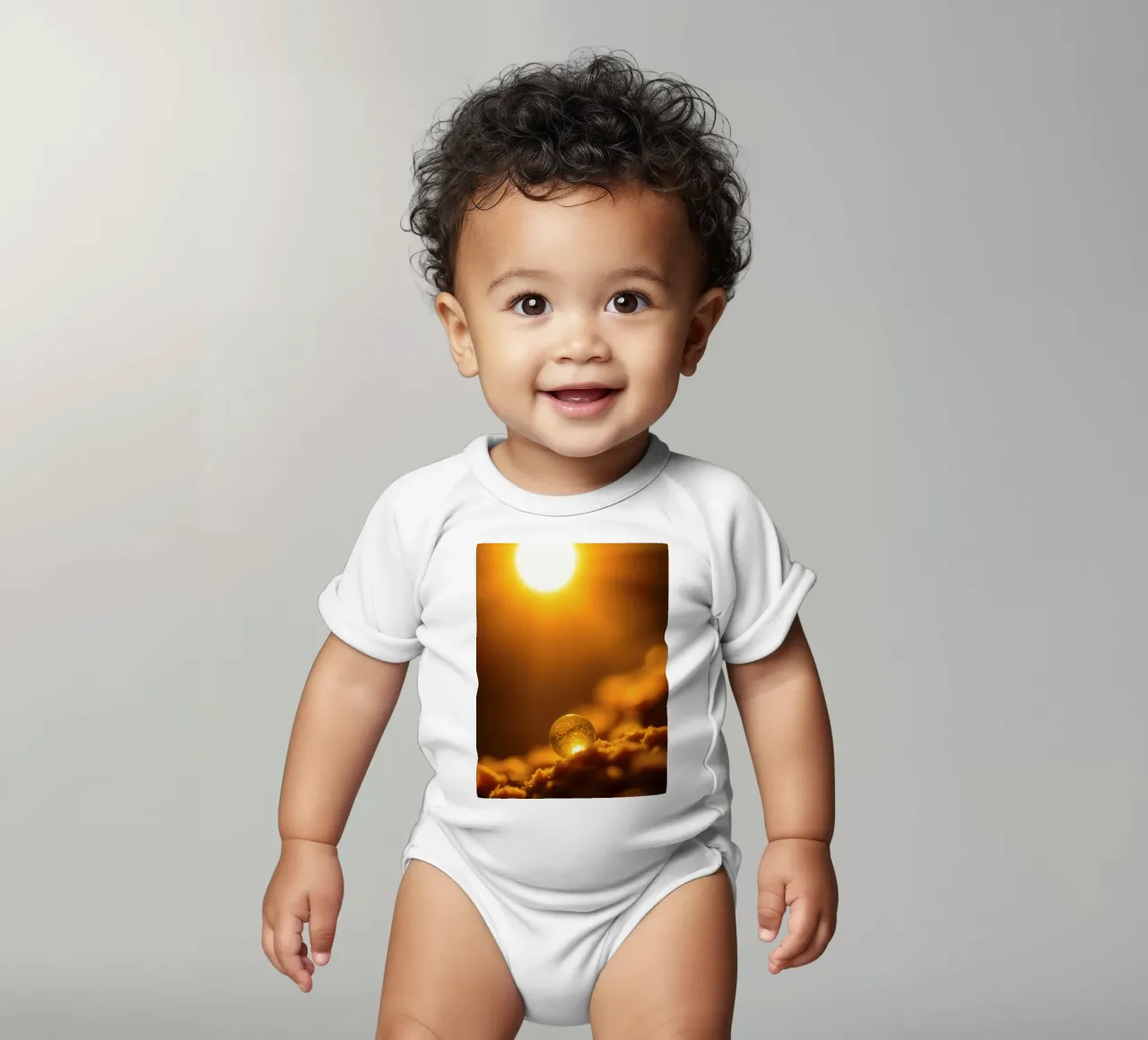 Orbe d'or transformateur reflétant la lumière sur une surface douce body bébé de DesignDoodle