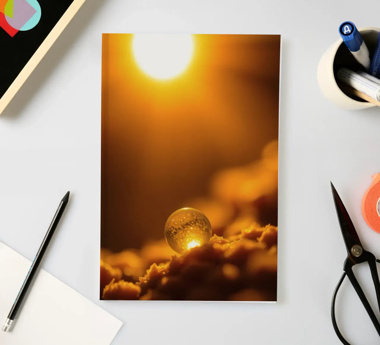 Orbe d'or transformateur reflétant la lumière sur une surface douce carnet de notes de DesignDoodle