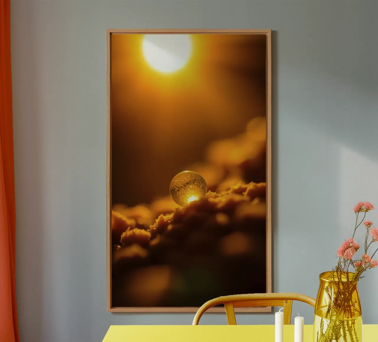 Orbe d'or transformateur reflétant la lumière sur une surface douce alu dibond de DesignDoodle