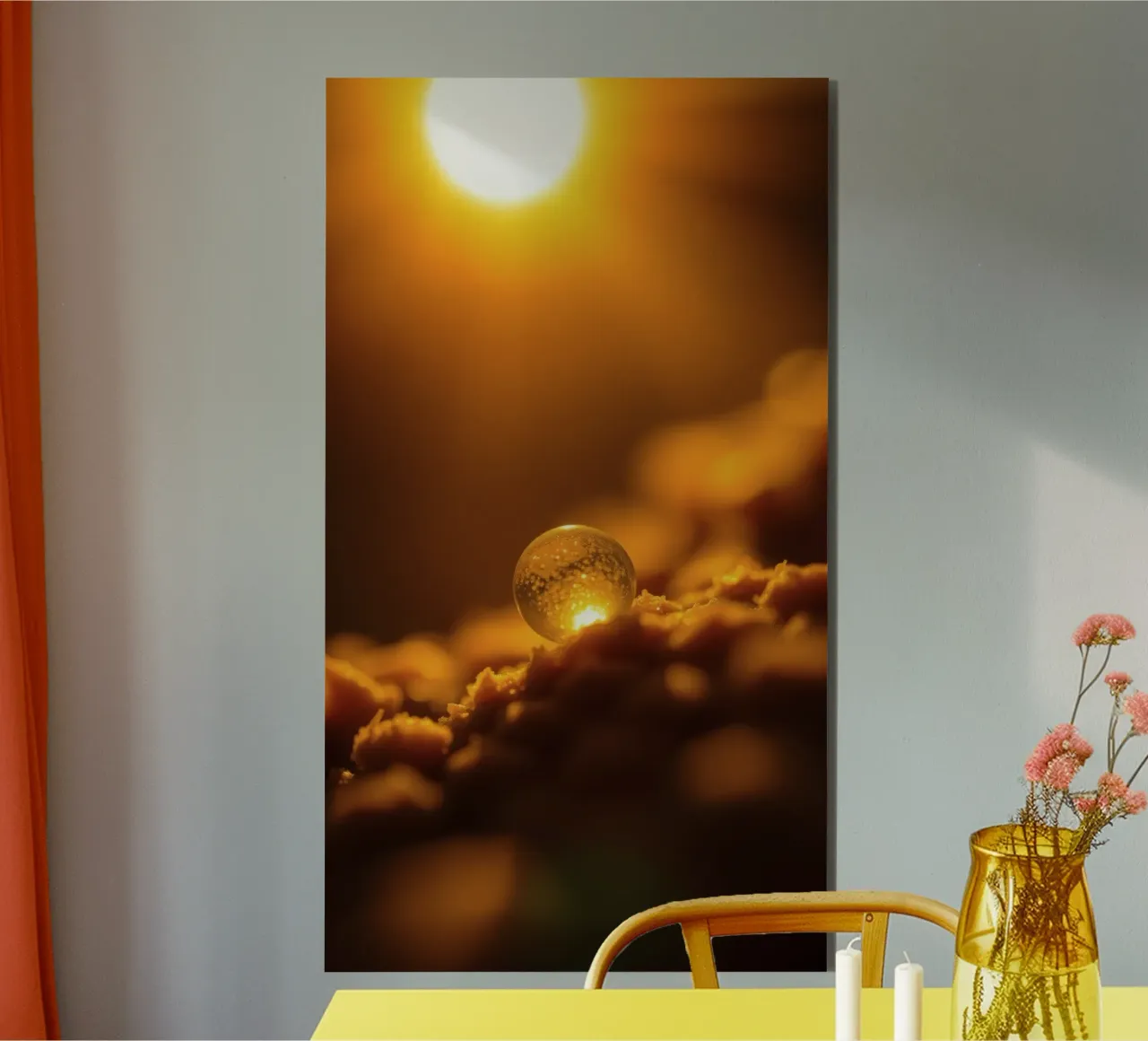 Orbe d'or transformateur reflétant la lumière sur une surface douce alu dibond de DesignDoodle