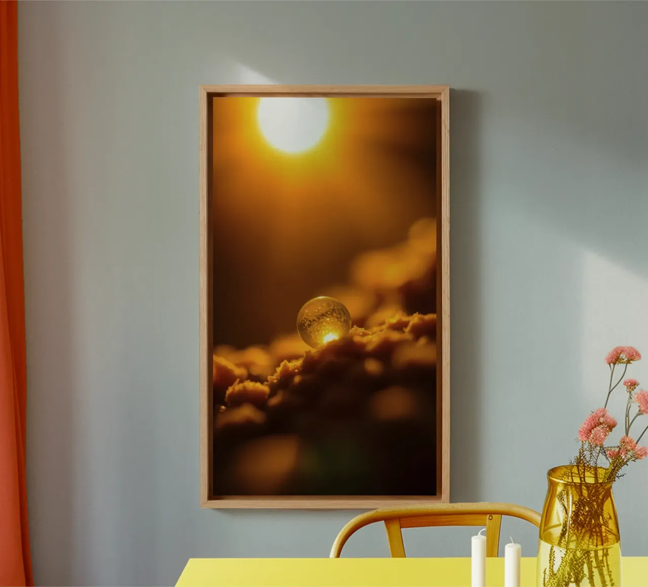 Transformative golden orb reflecting light on soft surface canvas by DesignDoodle