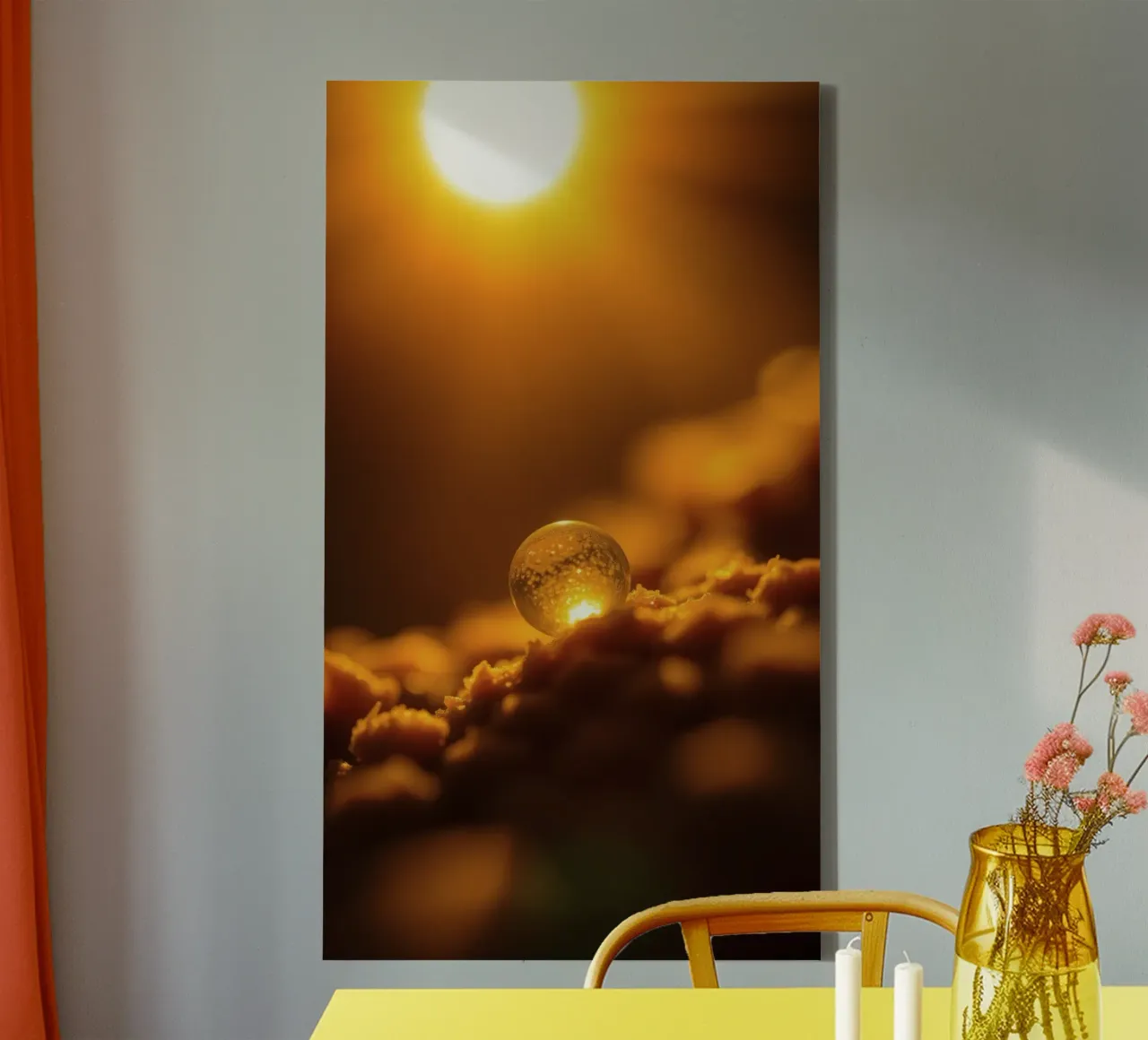 Transformative golden orb reflecting light on soft surface canvas by DesignDoodle