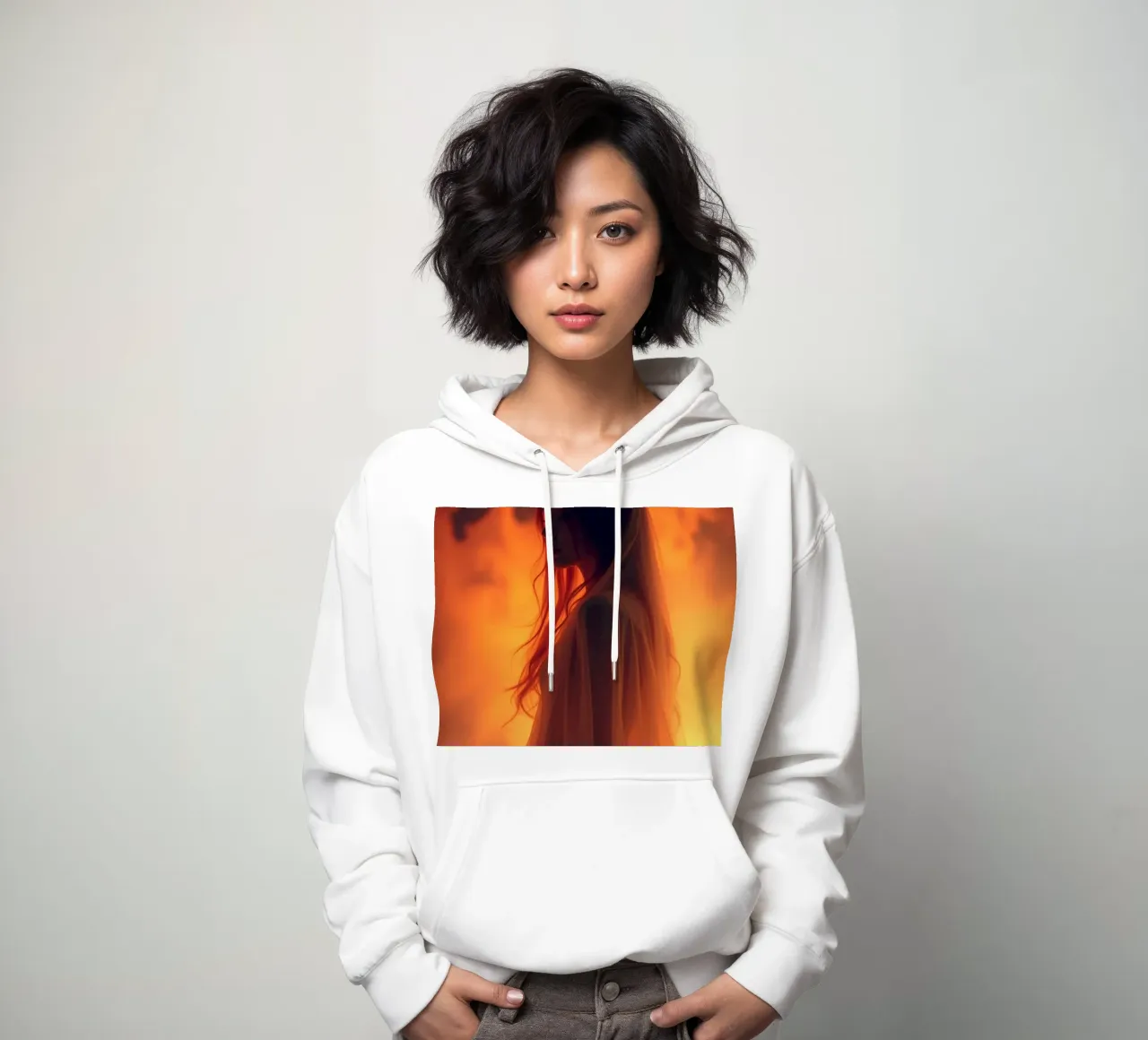 Une silhouette élégante se détache sur un fond enflammé sweat à capuche de DesignDoodle