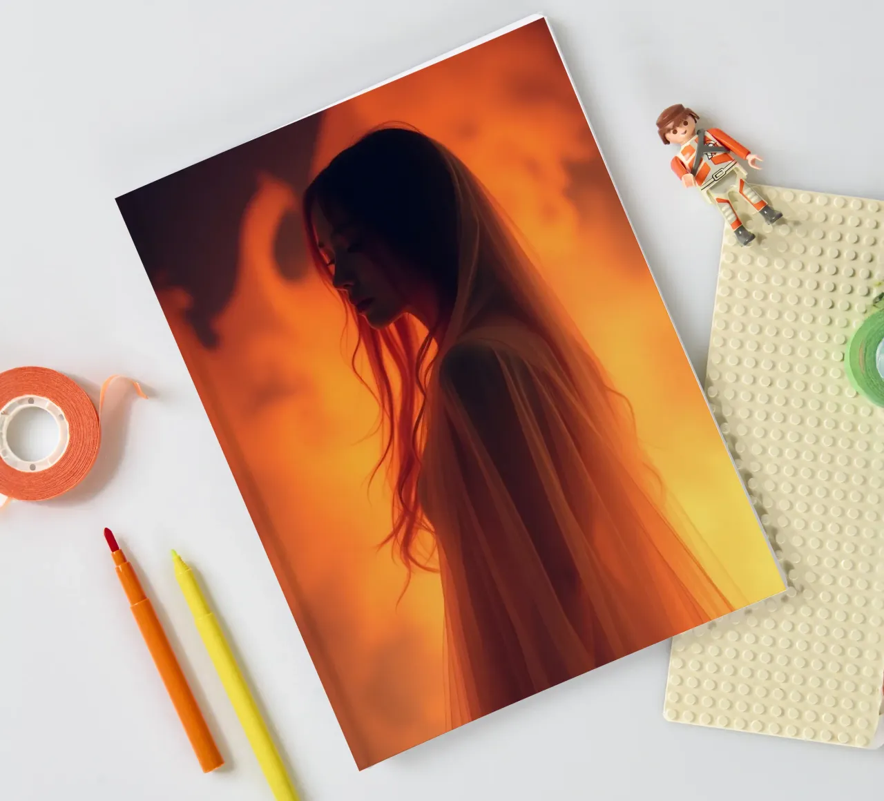 Elegant silhouette stands against a fiery background notebook by DesignDoodle