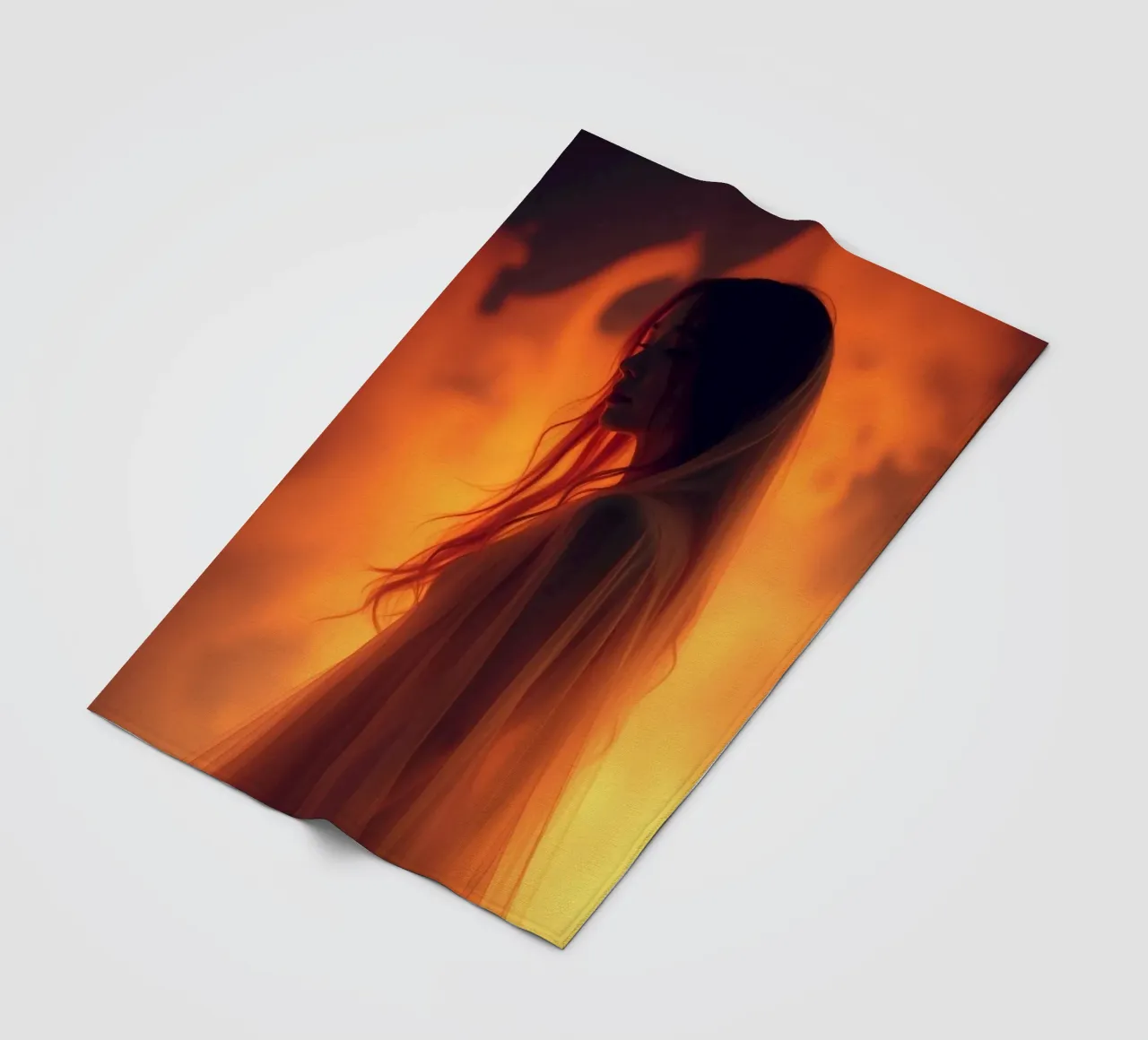 Elegant silhouette stands against a fiery background fleece blanket by DesignDoodle
