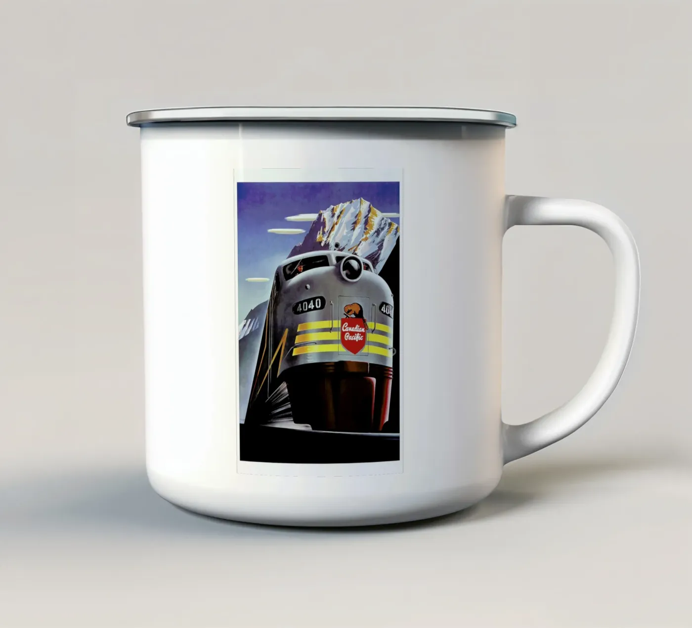 train enamel mug by Robert Livingston