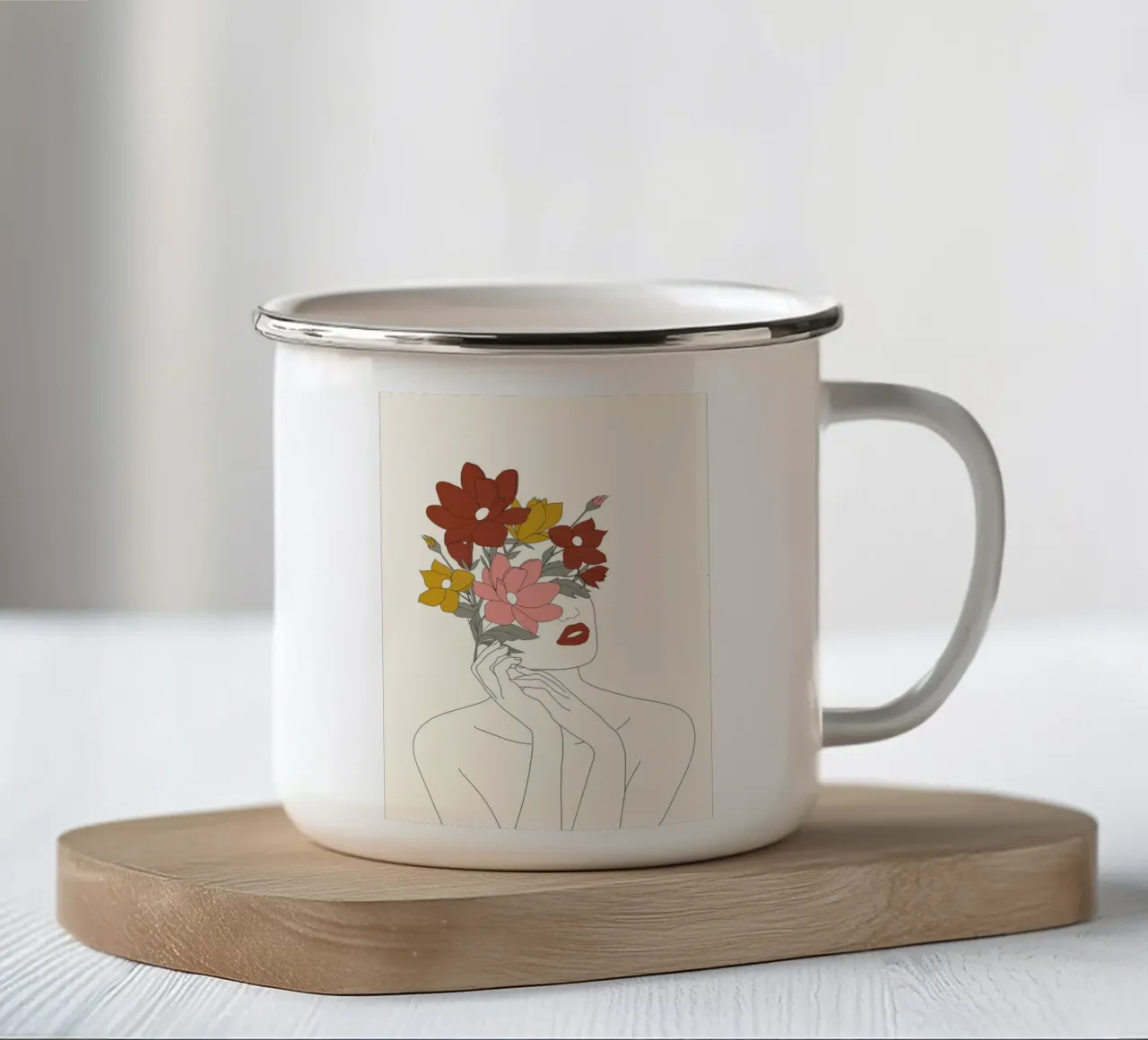 Colorful Thoughts Minimal Line Art Woman with Magnolia tazza in smalto da Nadjaa