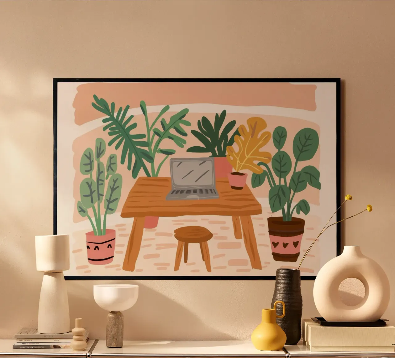 Armonia dello spazio di lavoro botanico poster con telaio in legno da Arcane Shade