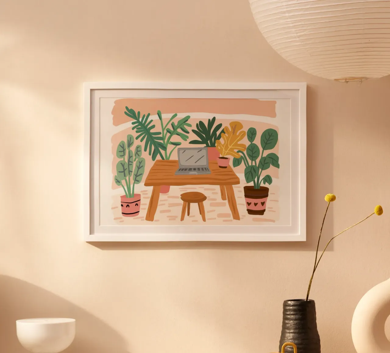 Armonia dello spazio di lavoro botanico poster con telaio in legno da Arcane Shade
