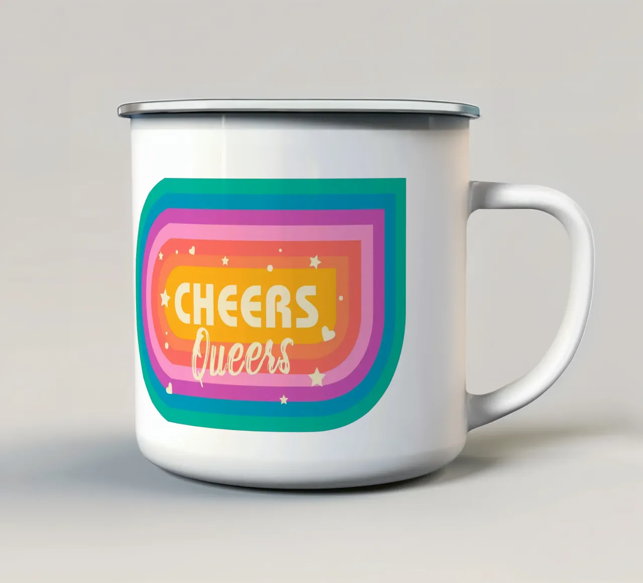 Cheers Queers - Regenboog Retro Pride Print emaille mok van showmemars
