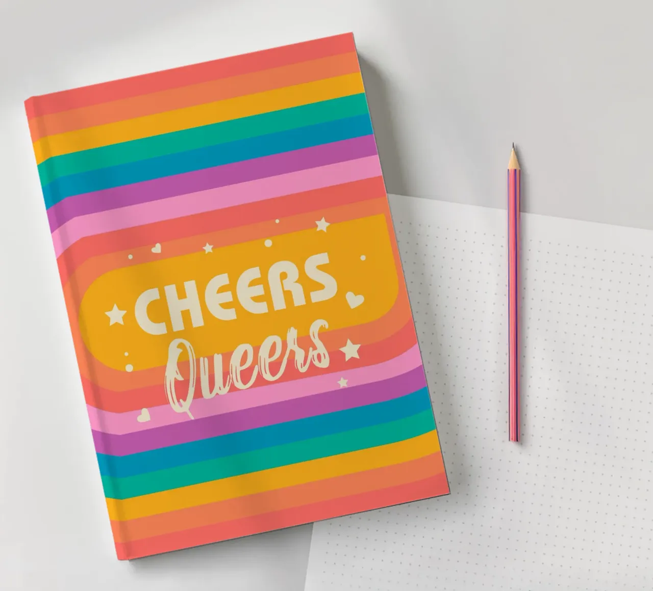 Cheers Queers – Rainbow Retro Pride Print notebook by showmemars