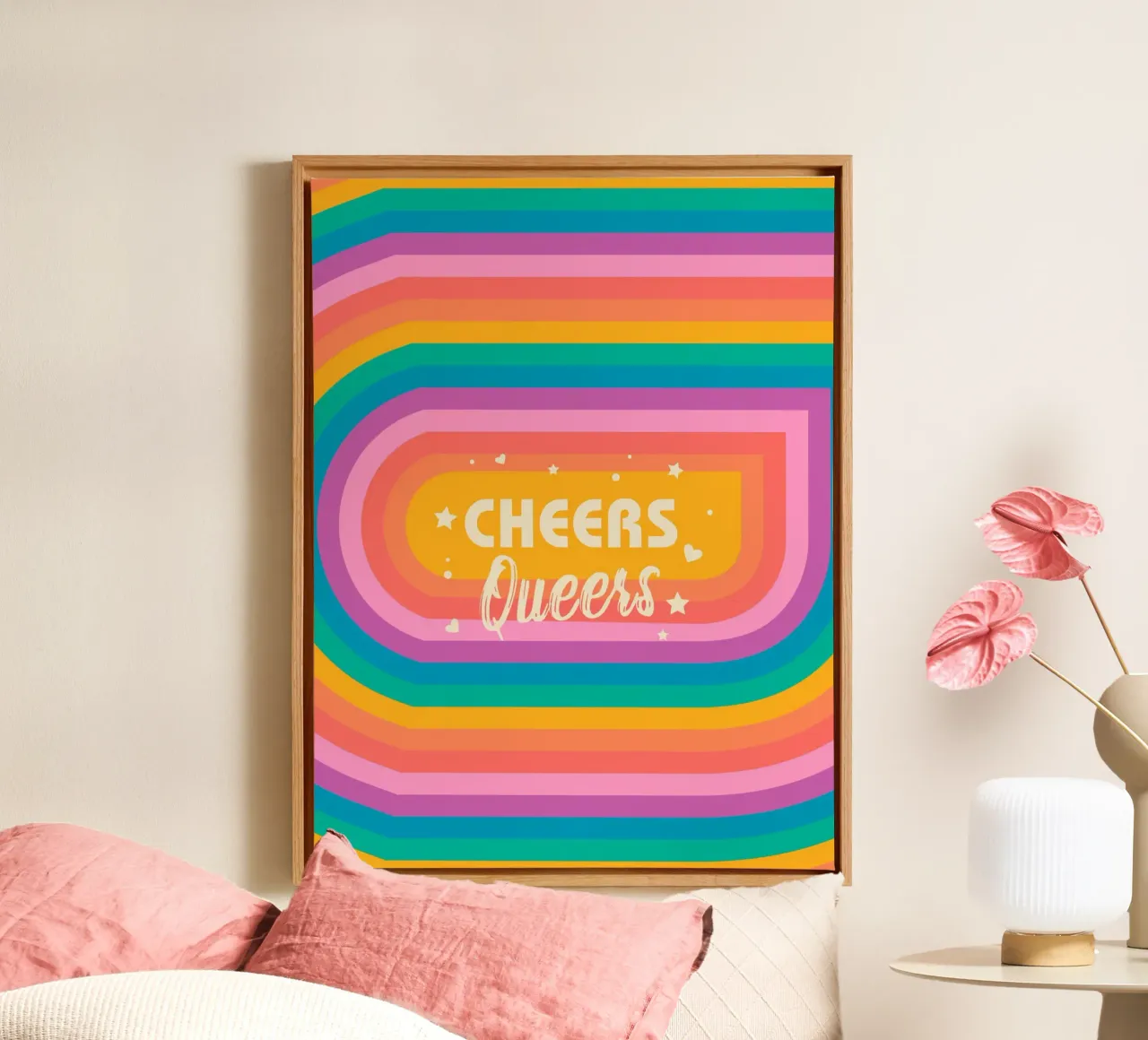 Cheers Queers – Rainbow Retro Pride Print canvas with Floater frame by showmemars