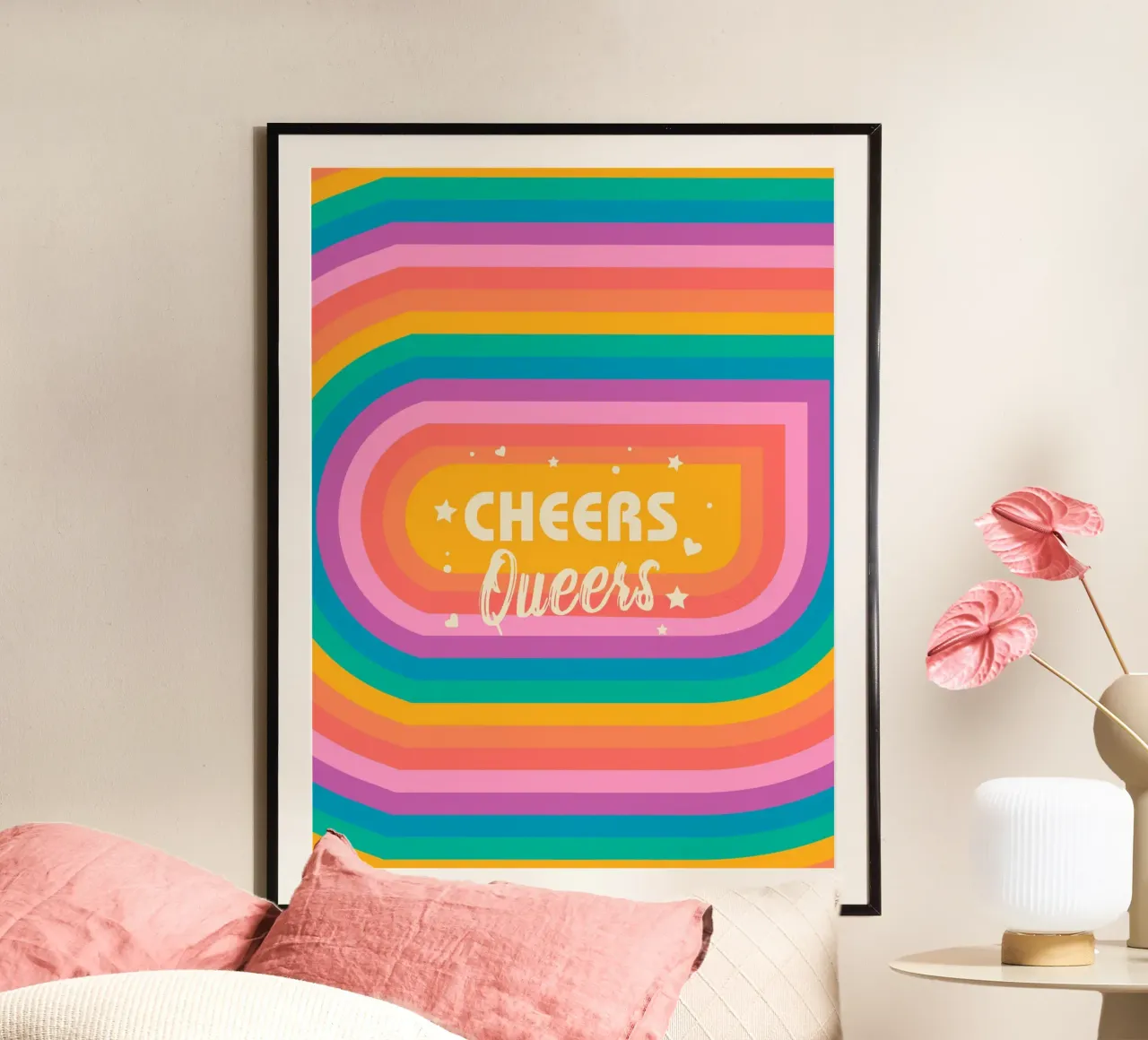 Cheers Queers – Rainbow Retro Pride Print poster with aluminum frame by showmemars