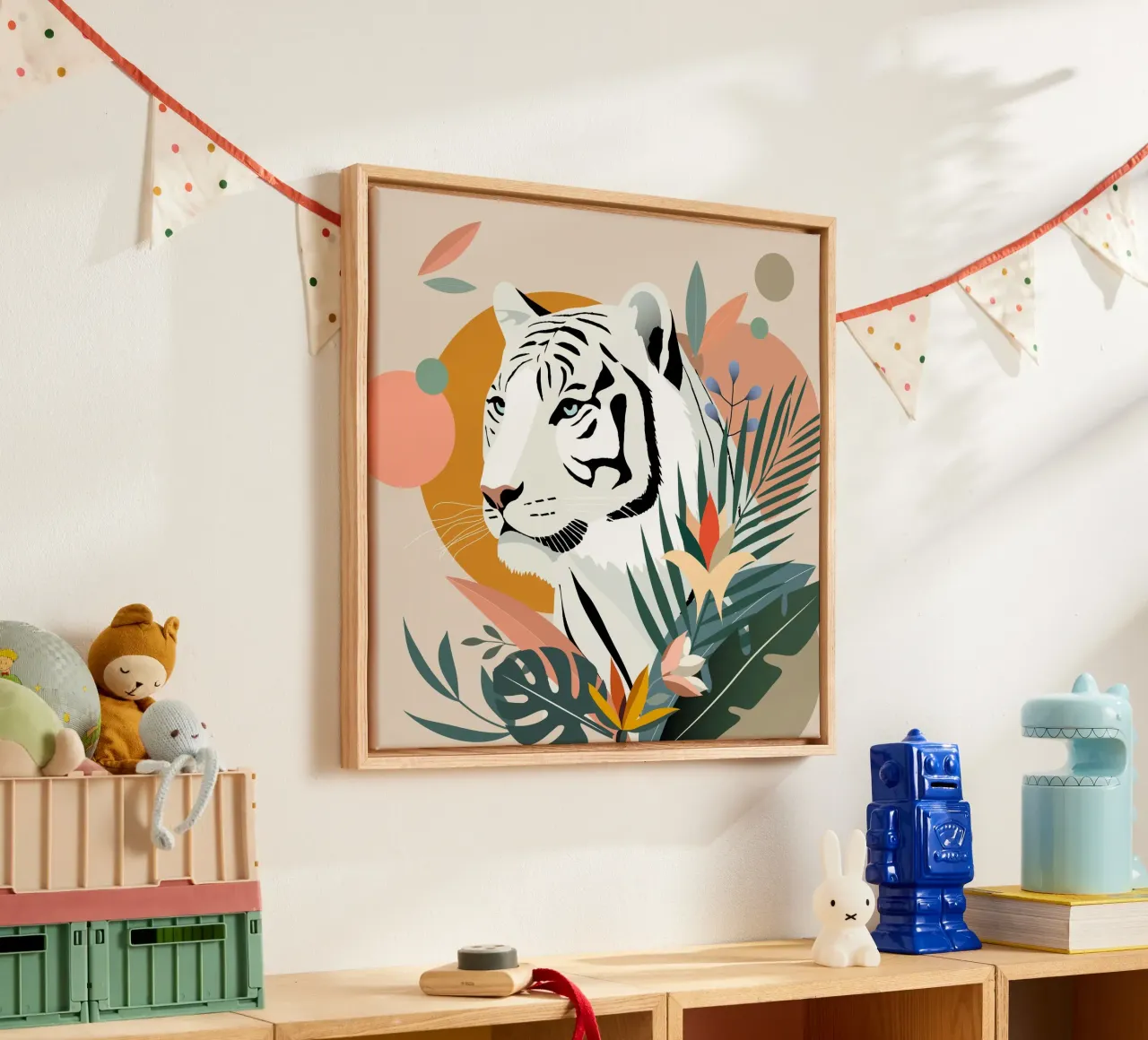 Witte tijger in de jungle - Modern natuurontwerp canvas met Baklijst van namosh