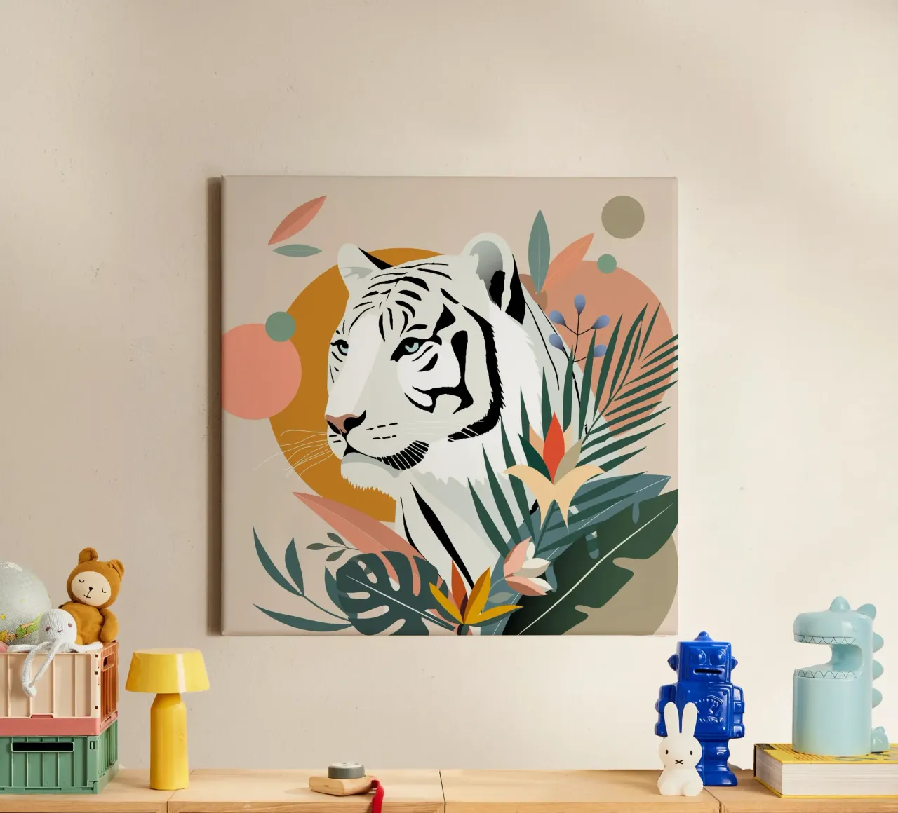 Witte tijger in de jungle - Modern natuurontwerp canvas met Baklijst van namosh