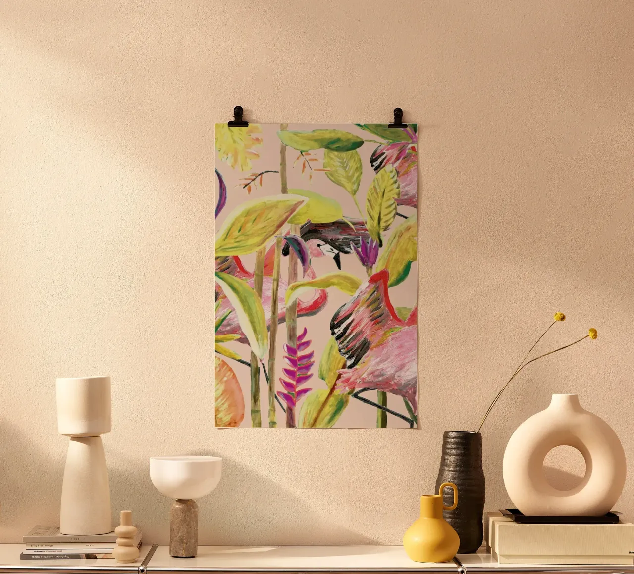 Wild Jungle Stories Flamingo poster con telaio in alluminio da Femke Zwaan