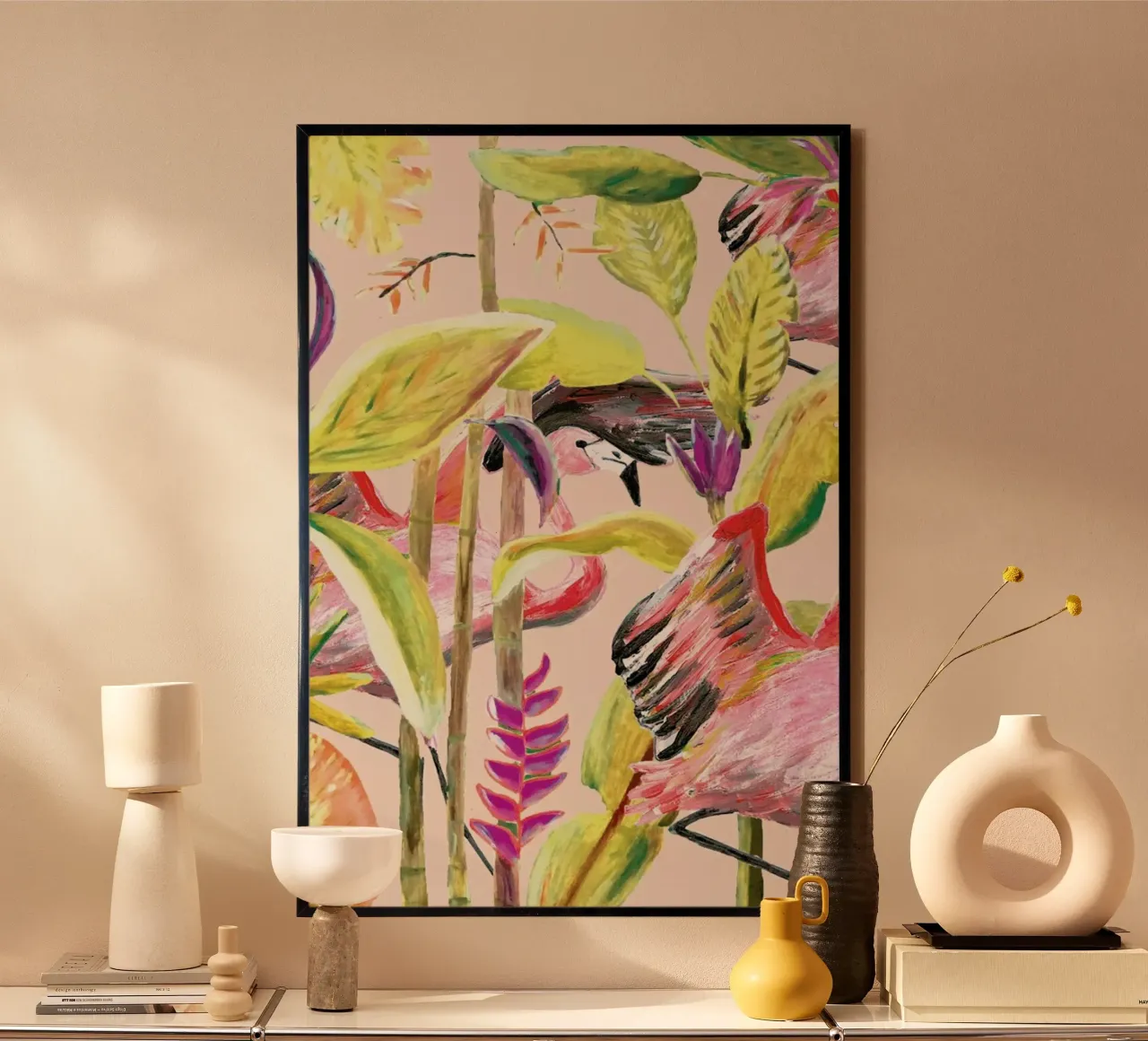 Wild Jungle Stories Flamingo poster con telaio in alluminio da Femke Zwaan