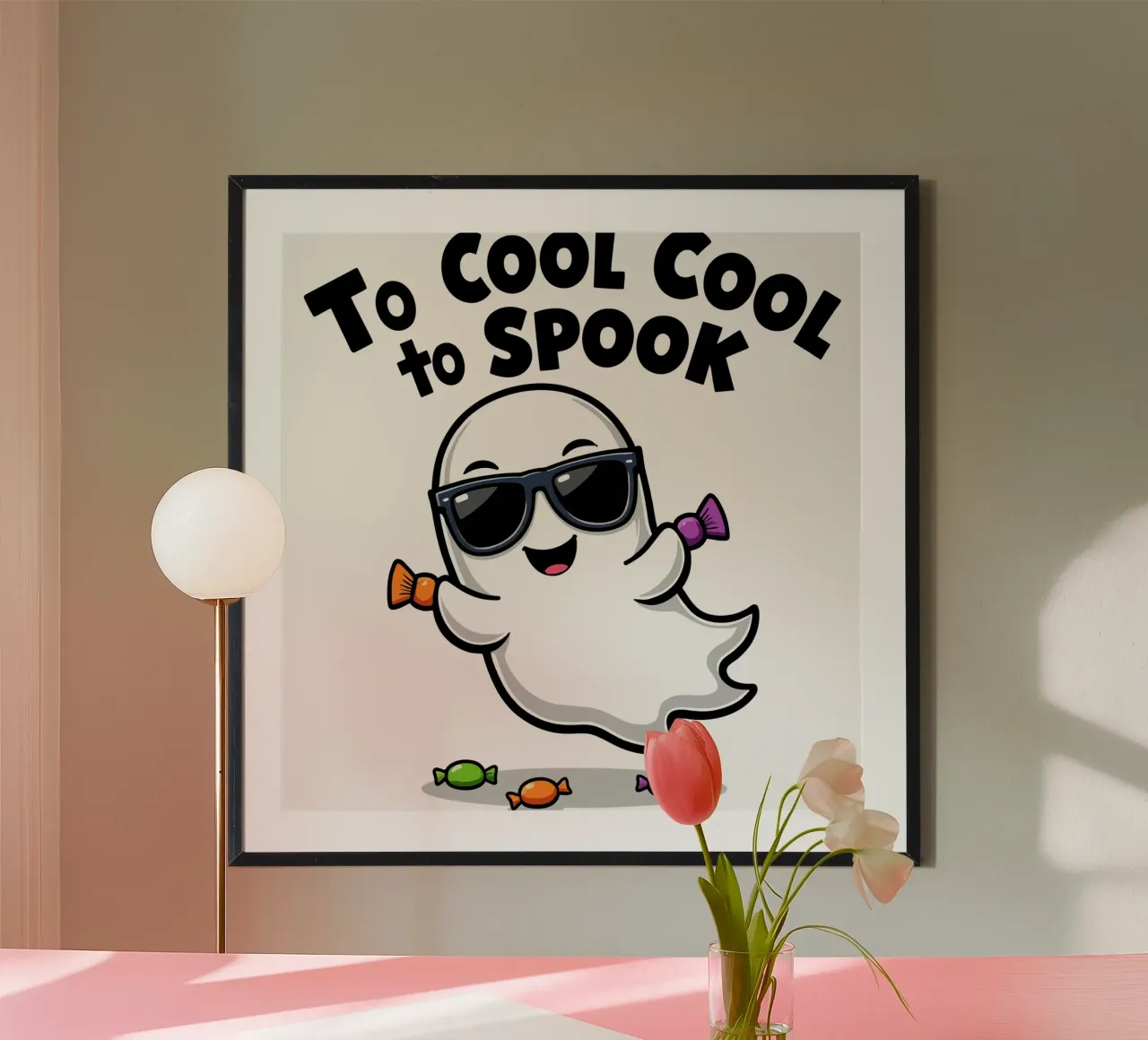 Too Cool to Spook - Fantasma divertente con occhiali da sole poster con telaio in legno da artdesign1985