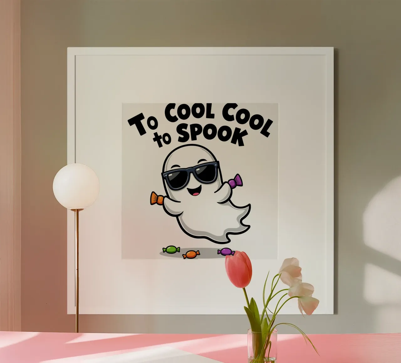Too Cool to Spook - Fantasma divertente con occhiali da sole poster con telaio in legno da artdesign1985