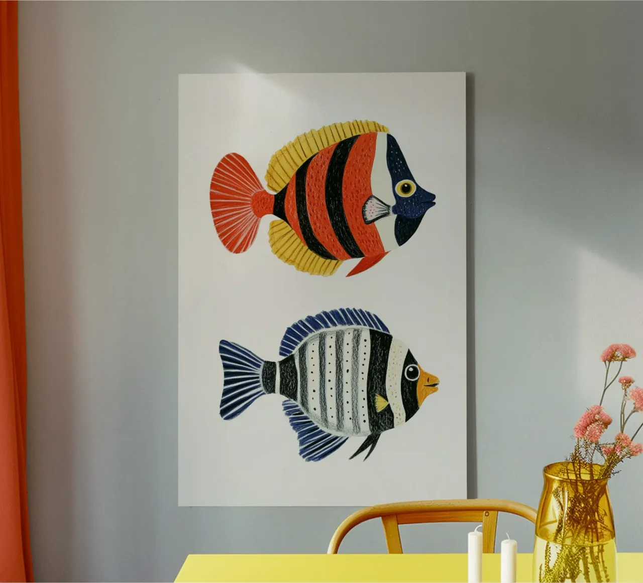 Twee gestreepte vissen canvas met Baklijst van Curious Canvas
